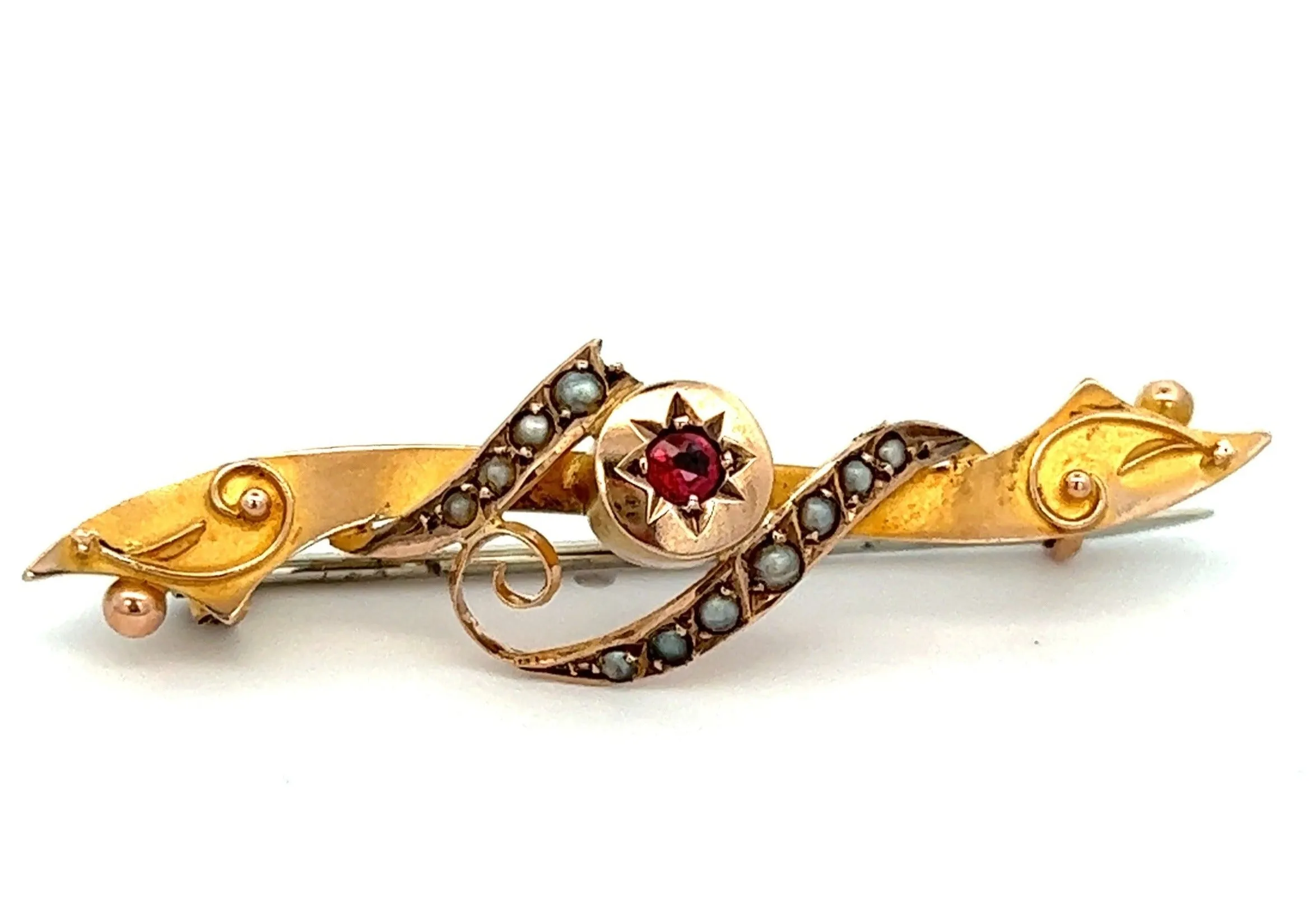 Ruby & Seed Pearl Vintage 9ct Yellow Gold Bar Brooch