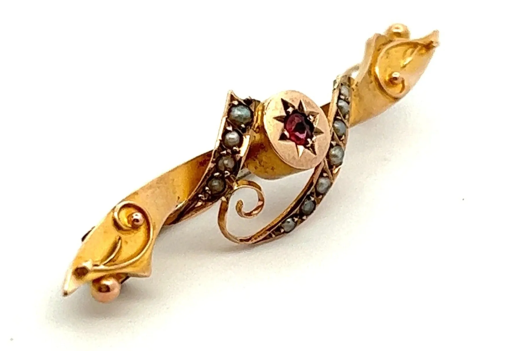 Ruby & Seed Pearl Vintage 9ct Yellow Gold Bar Brooch