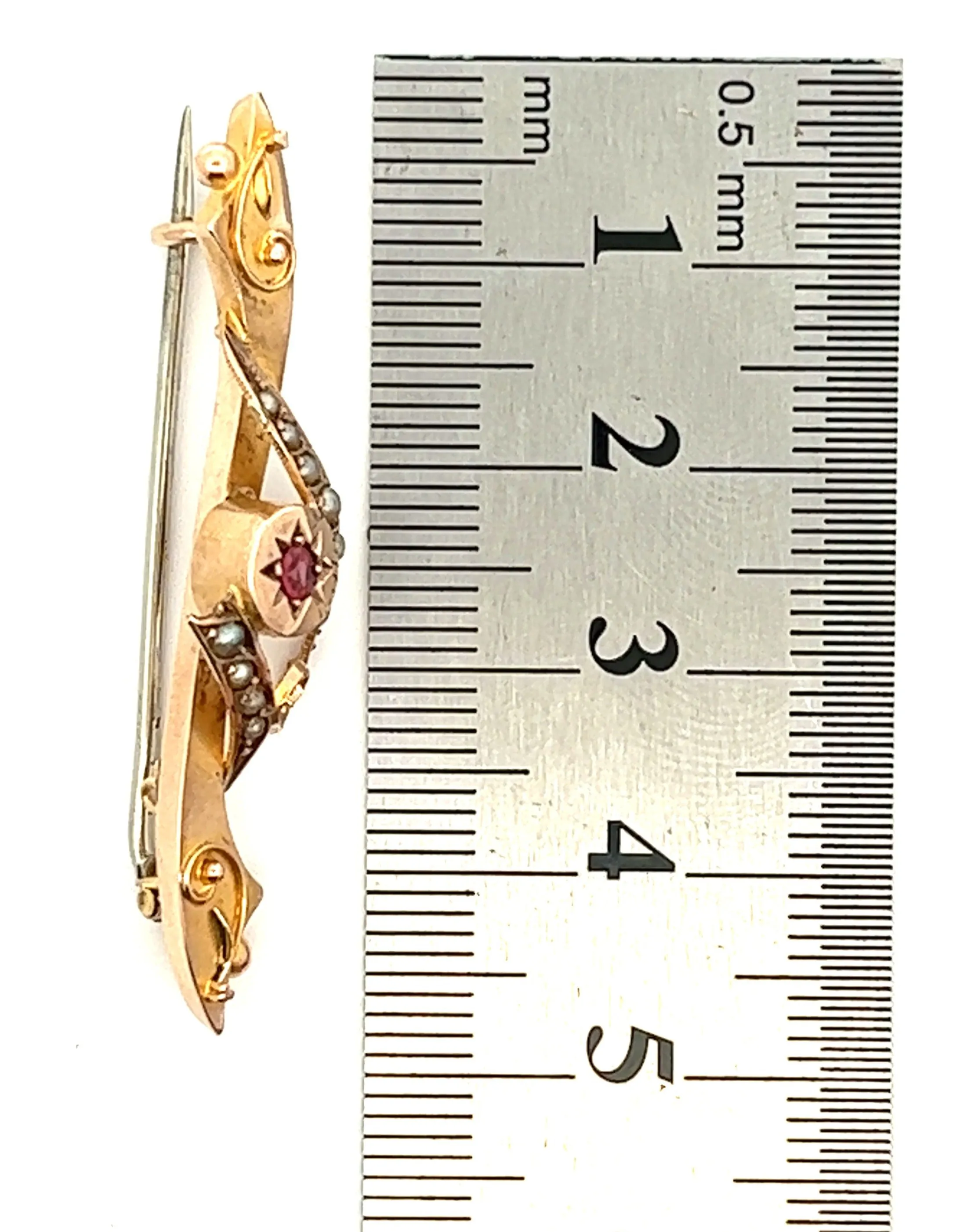 Ruby & Seed Pearl Vintage 9ct Yellow Gold Bar Brooch