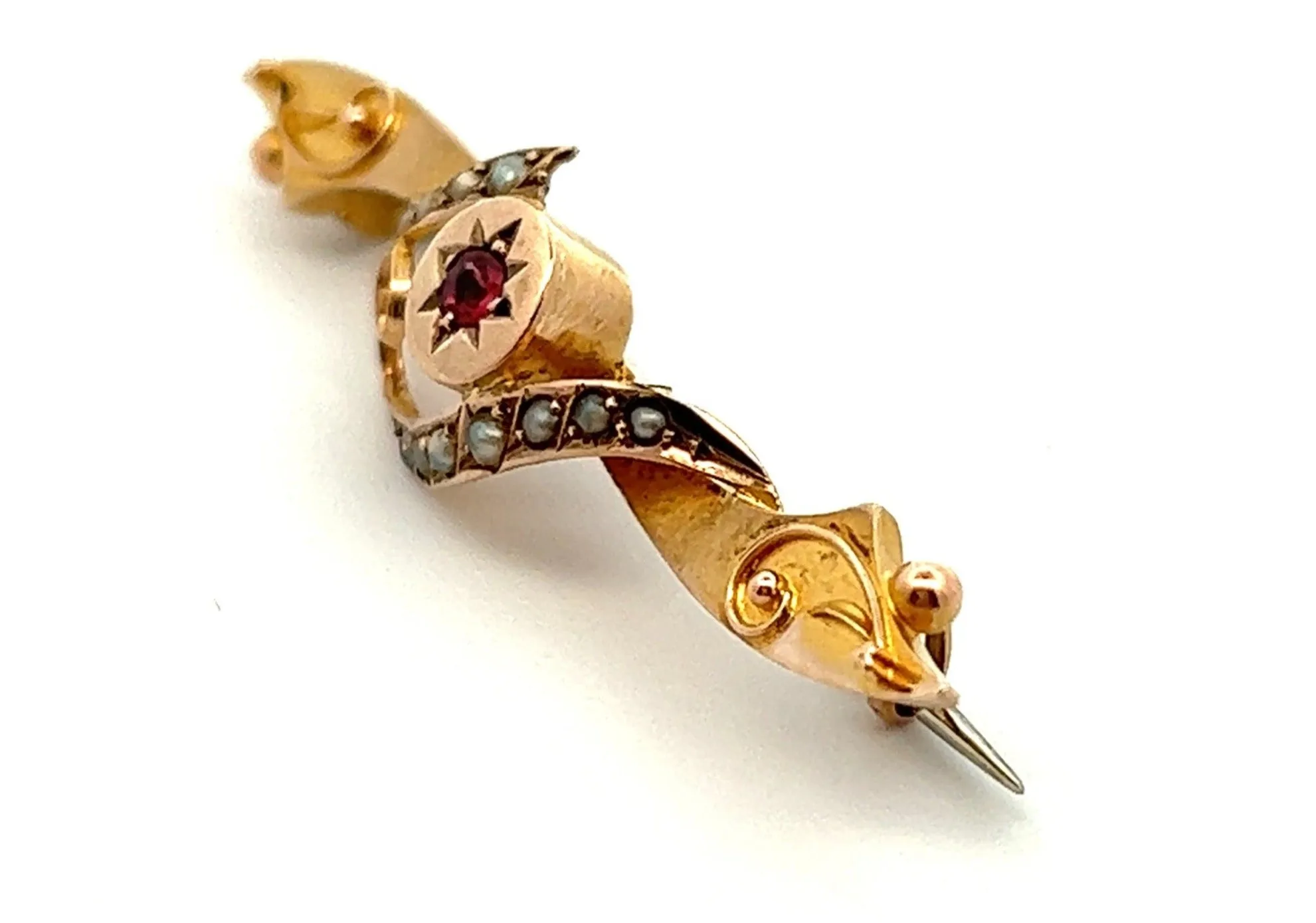 Ruby & Seed Pearl Vintage 9ct Yellow Gold Bar Brooch