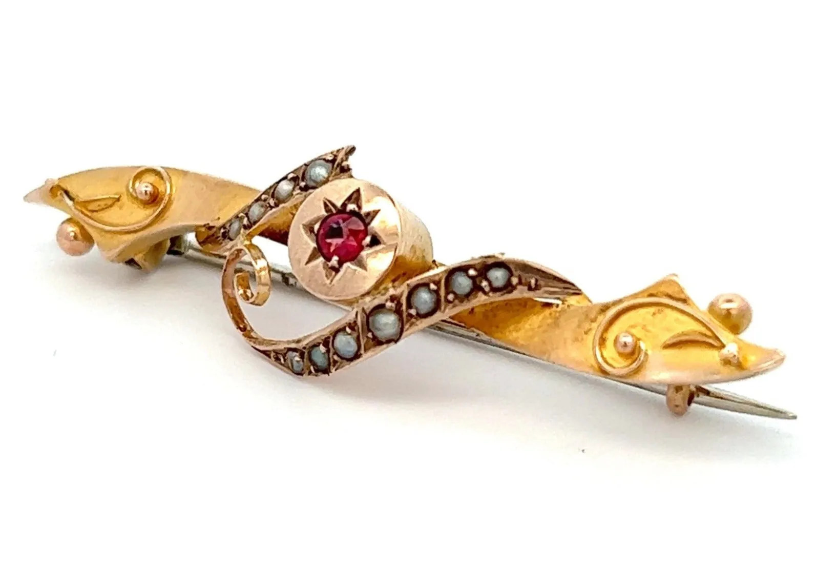 Ruby & Seed Pearl Vintage 9ct Yellow Gold Bar Brooch