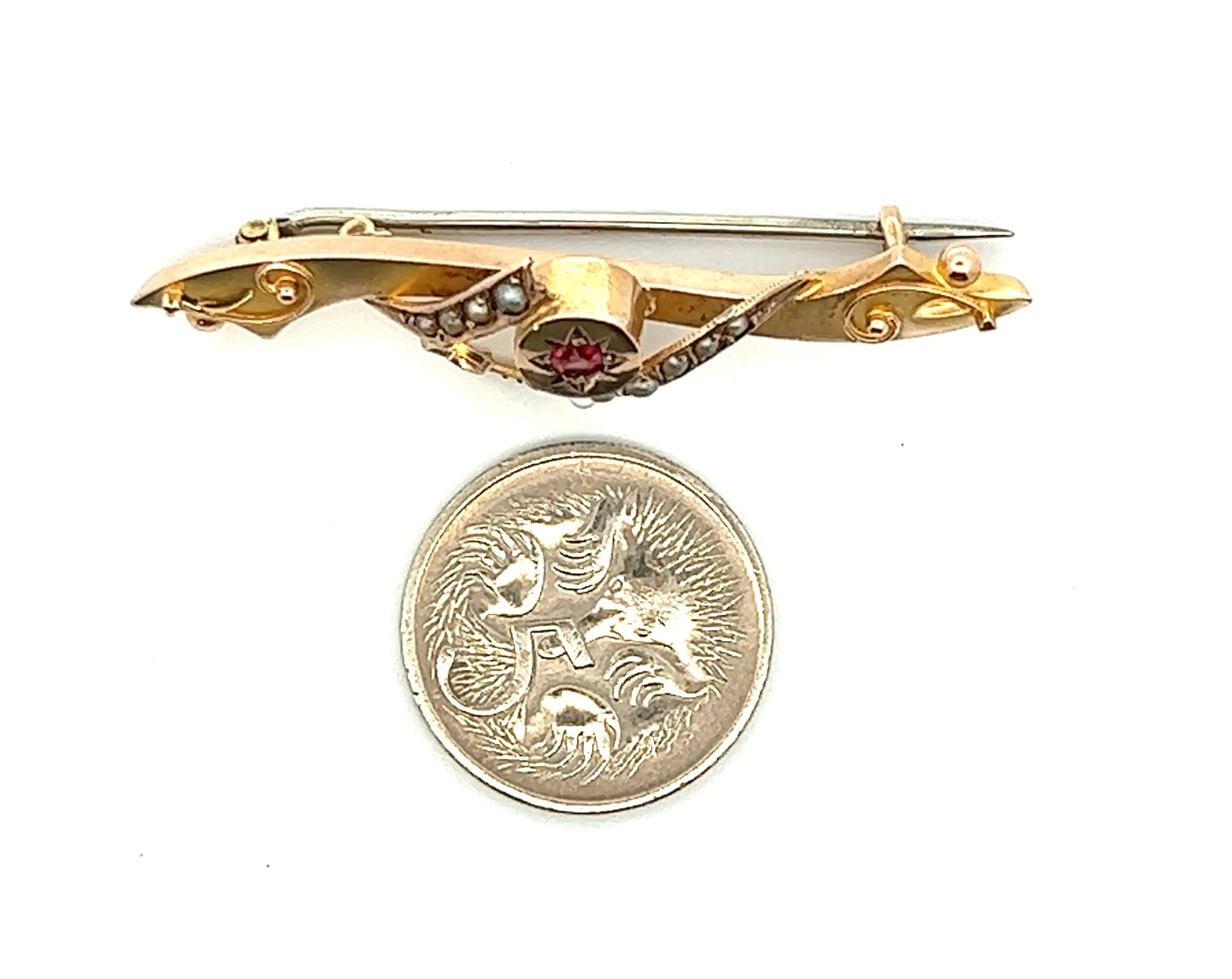 Ruby & Seed Pearl Vintage 9ct Yellow Gold Bar Brooch