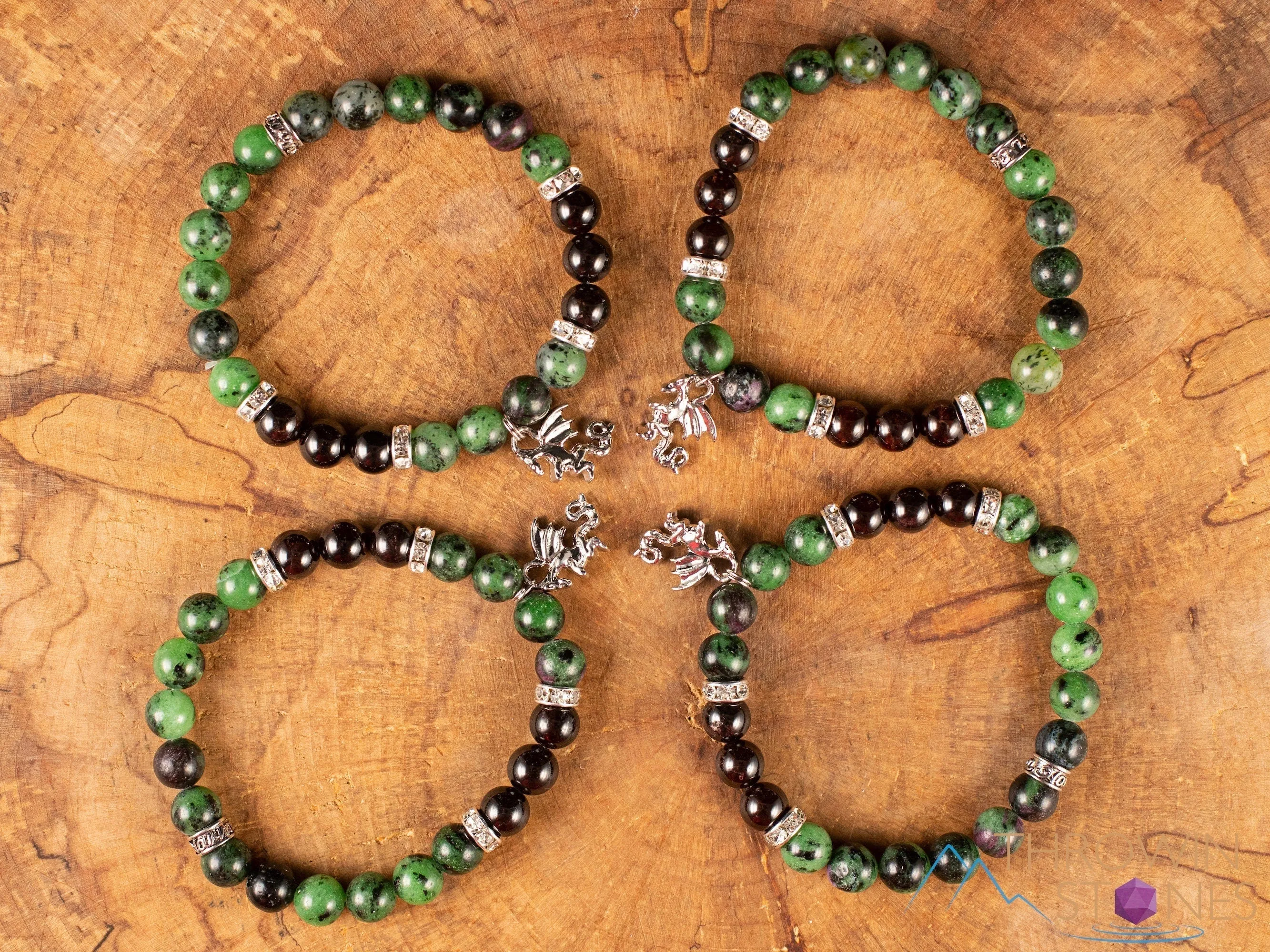 RUBY ZOISITE & GARNET Crystal Bracelet - Dragon Charm, Round Beads - Charm Bracelet, Beaded Bracelet, Handmade Jewelry, E1976