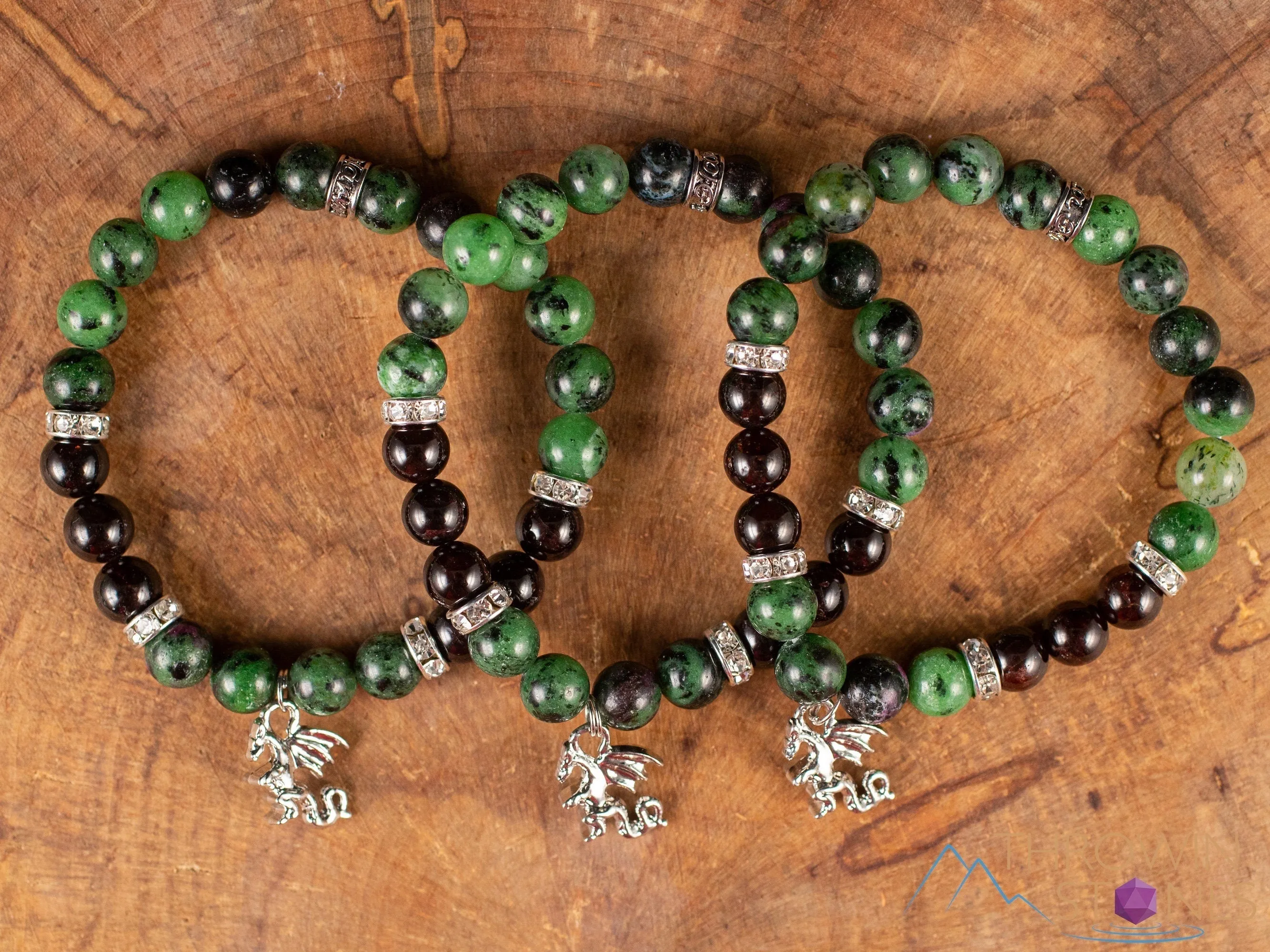 RUBY ZOISITE & GARNET Crystal Bracelet - Dragon Charm, Round Beads - Charm Bracelet, Beaded Bracelet, Handmade Jewelry, E1976