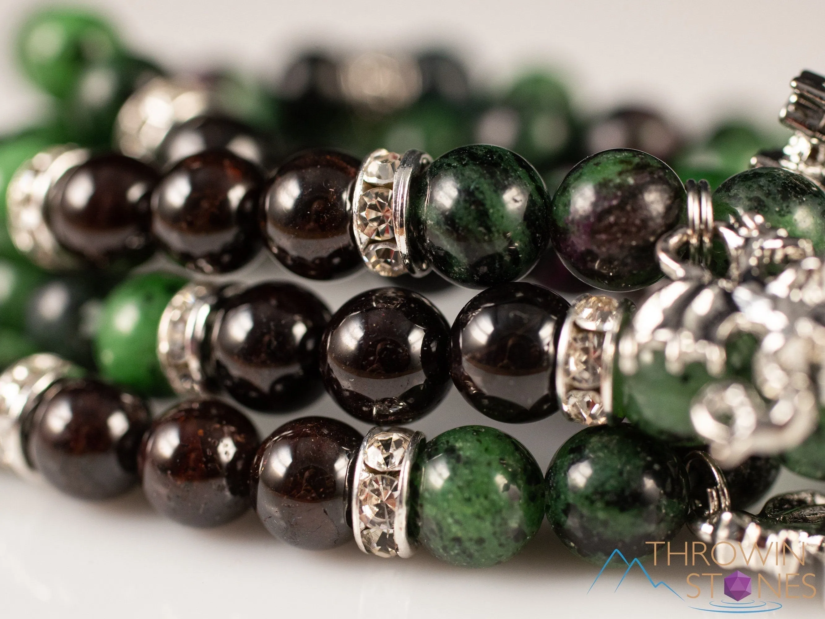 RUBY ZOISITE & GARNET Crystal Bracelet - Dragon Charm, Round Beads - Charm Bracelet, Beaded Bracelet, Handmade Jewelry, E1976