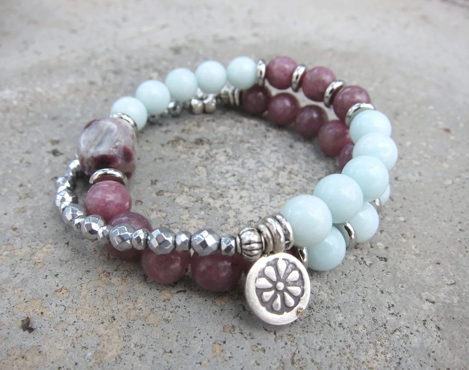 SALE - 27 Bead Mala Bracelet in Lepidolite, Plum Blossom Tourmaline and Amazonite