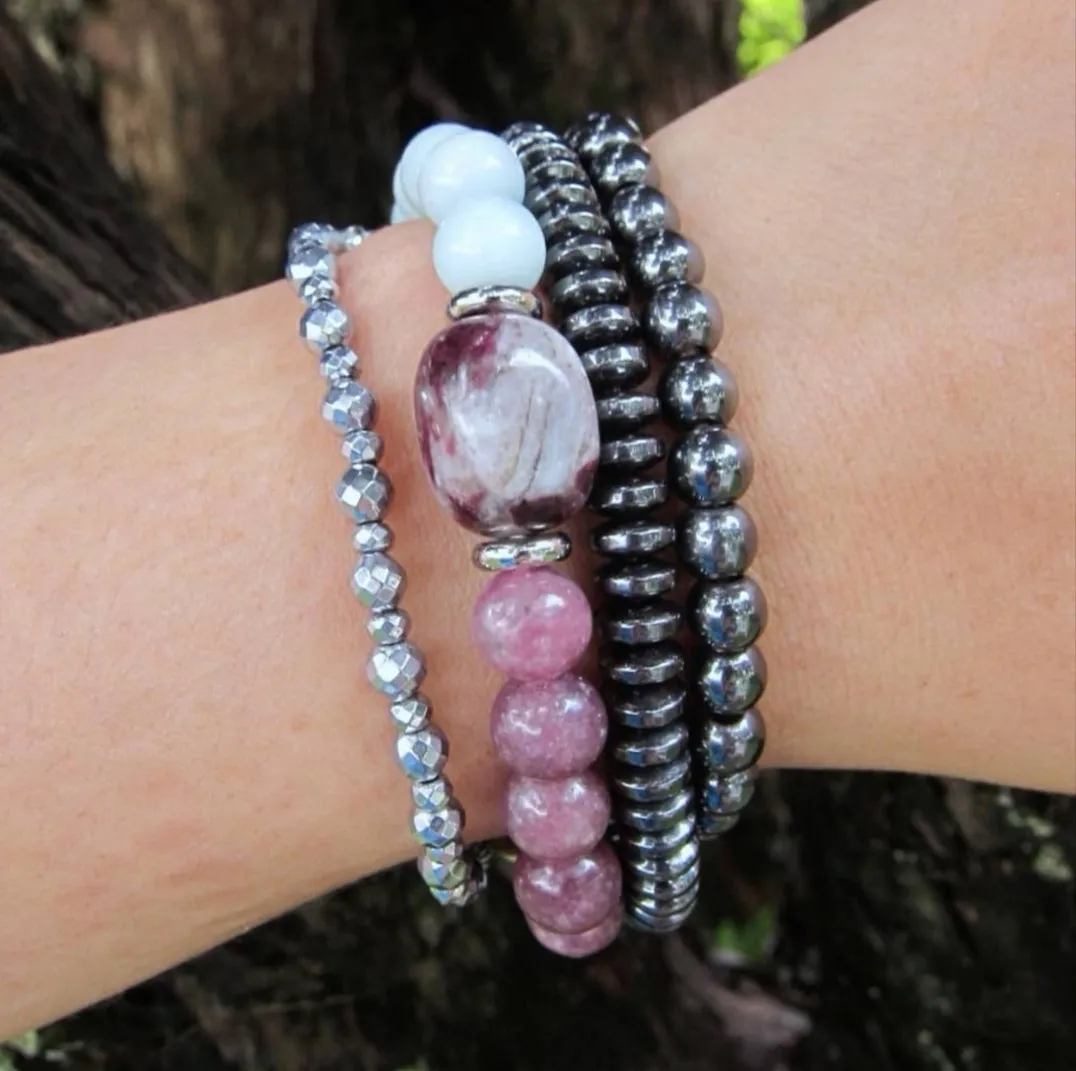 SALE - 27 Bead Mala Bracelet in Lepidolite, Plum Blossom Tourmaline and Amazonite