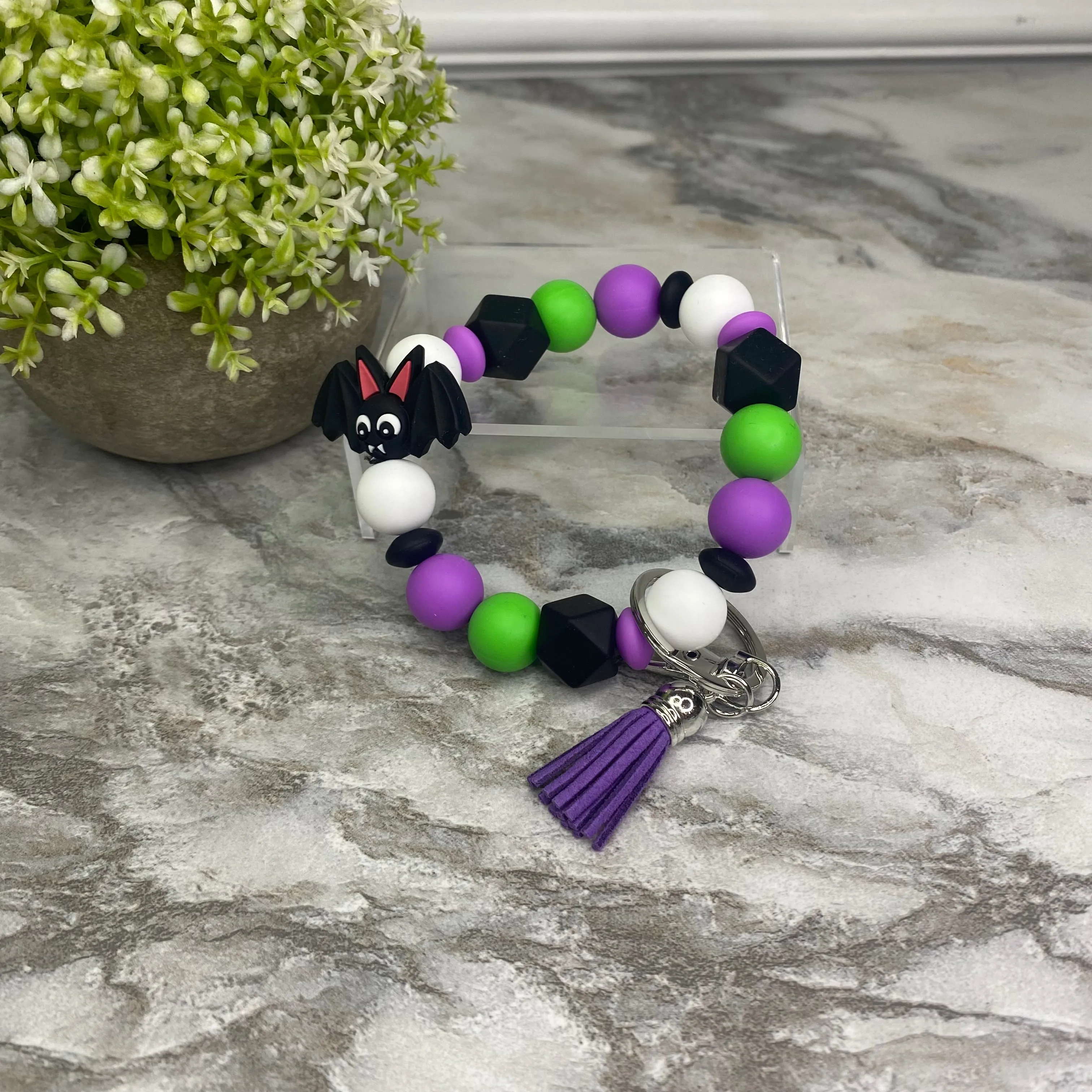 Silicone Bracelet Keychain - Halloween Green   Purple Bat