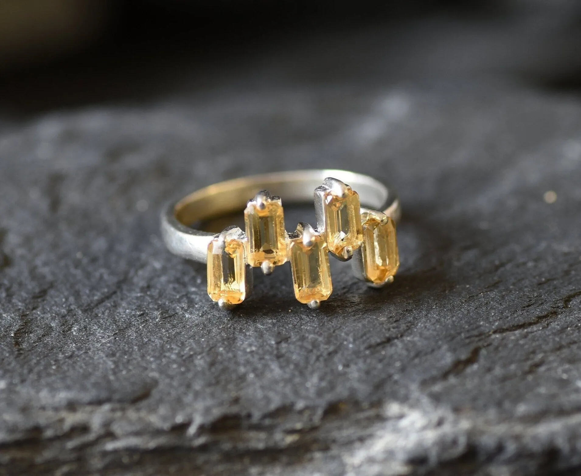 Silver Citrine Ring - Natural Citrine Ring - Yellow Baguette Band