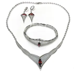 Silver Necklace Earrings Bracelet Set Garnet CZ