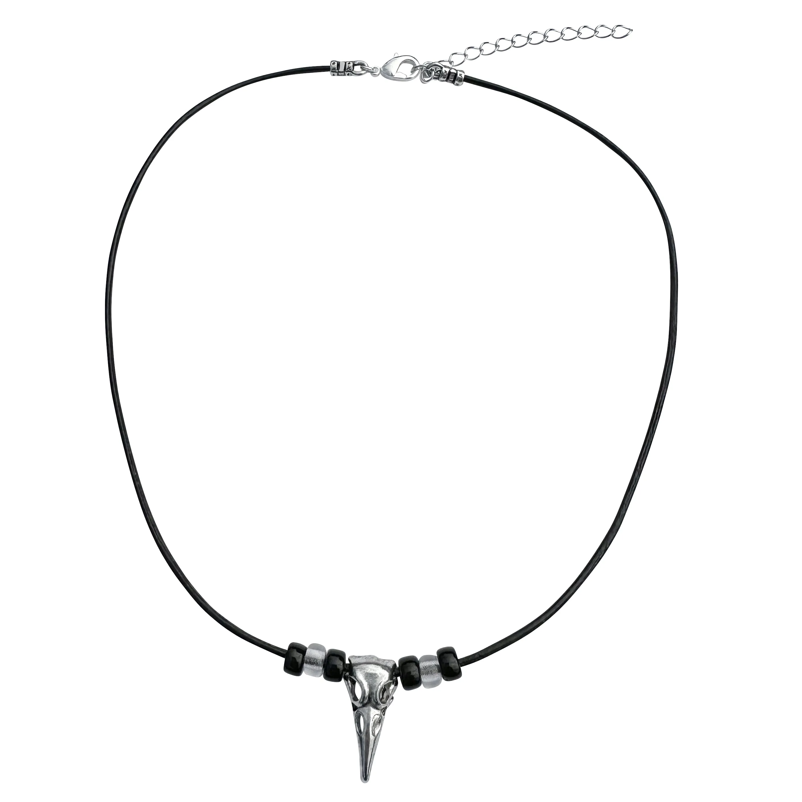 Silver Raven Skull on Beaded Fine Black Leather Necklace Cord - 16" to 18"