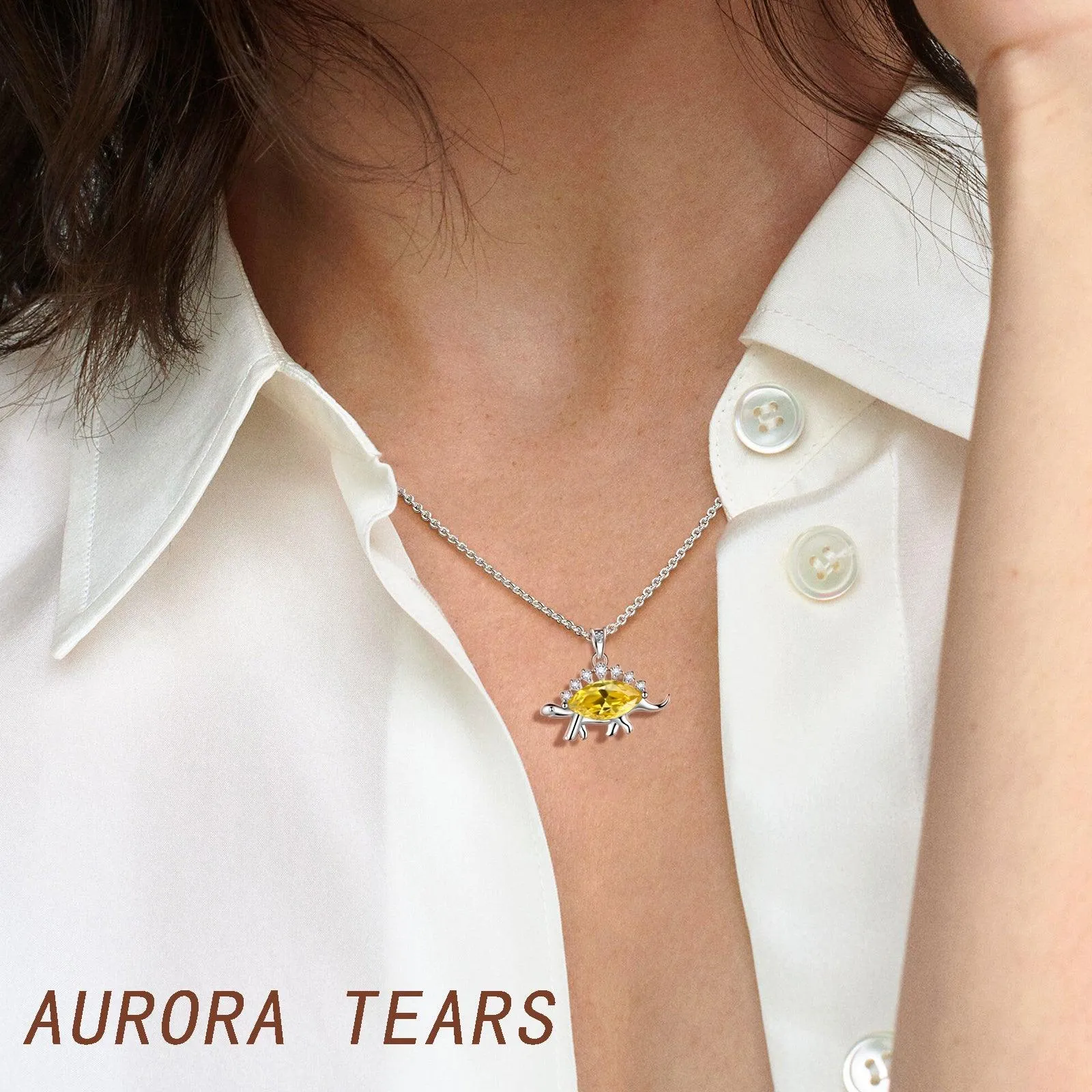 Stegosaurus Dinosaur Necklace November Citrine Birthstone Women Girls Jewelry Gift