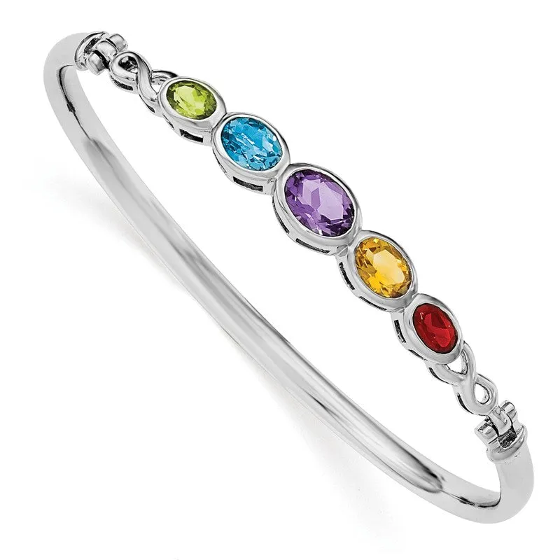 Sterling Silver Peridot Blue Topaz Amethyst Citrine & Garnet Rainbow Bangle Bracelet