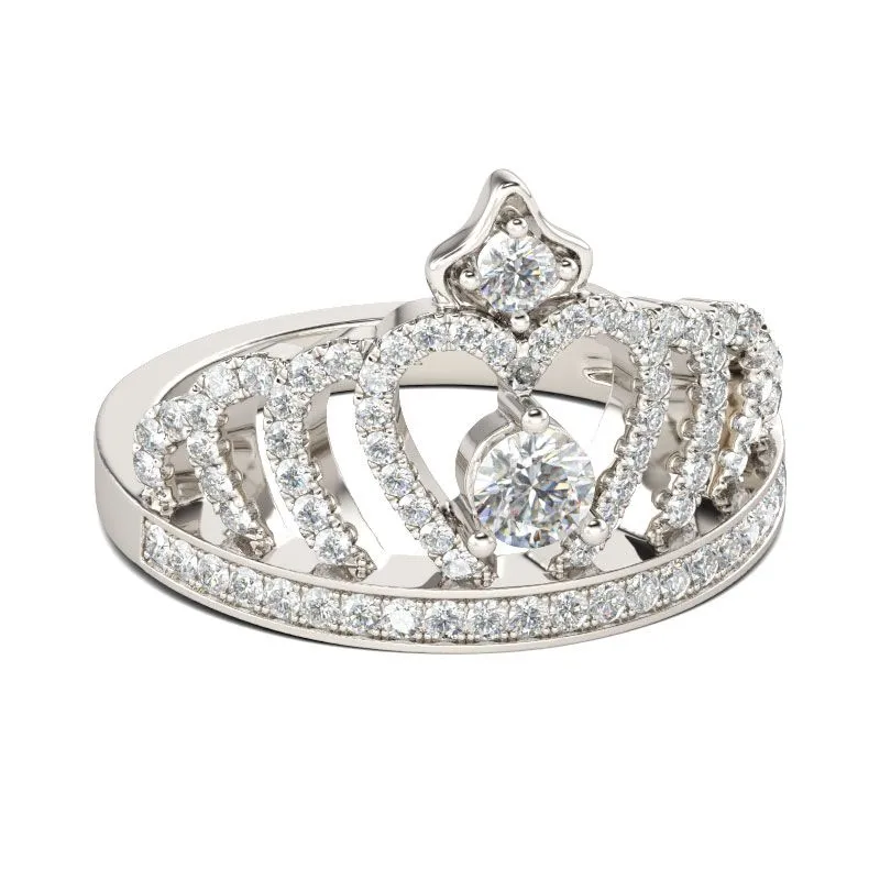 Sterling Silver Zircon Heart Shaped Princess Crown Tiara Ring