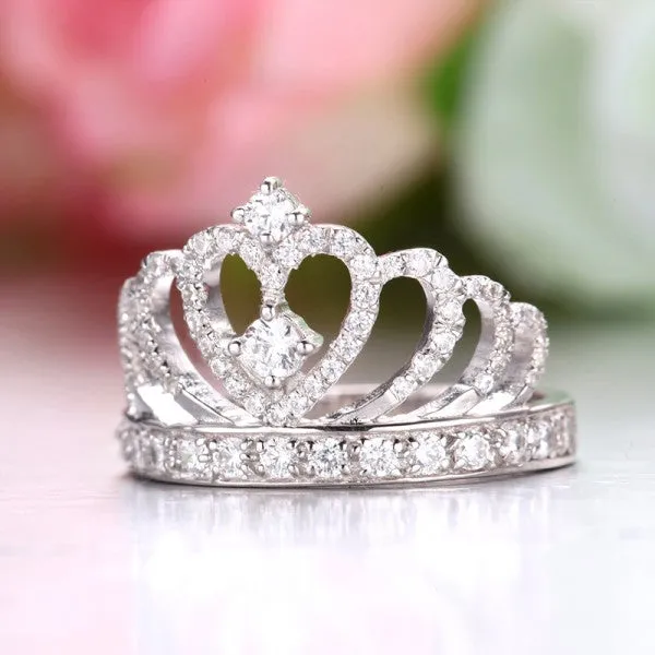 Sterling Silver Zircon Heart Shaped Princess Crown Tiara Ring