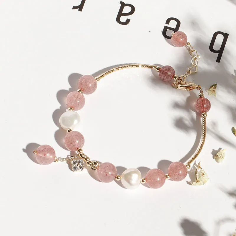 Strawberry Crystal Freshwater Pearl Bracelet with Real Gold Electroplating