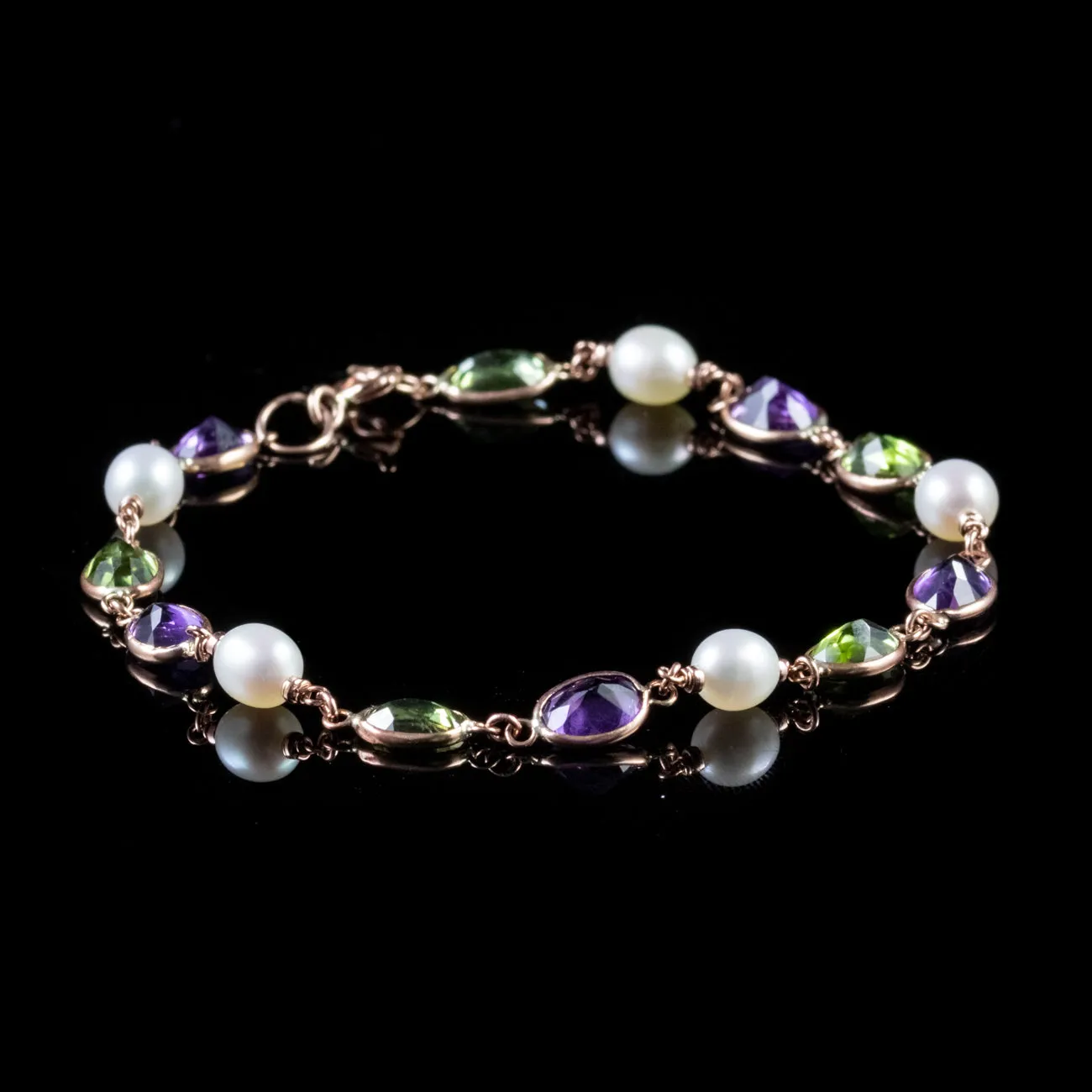 Suffragette Amethyst Peridot Pearl Bracelet 9Ct Rose Gold