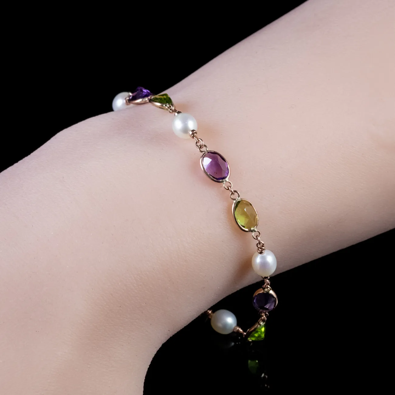 Suffragette Amethyst Peridot Pearl Bracelet 9Ct Rose Gold