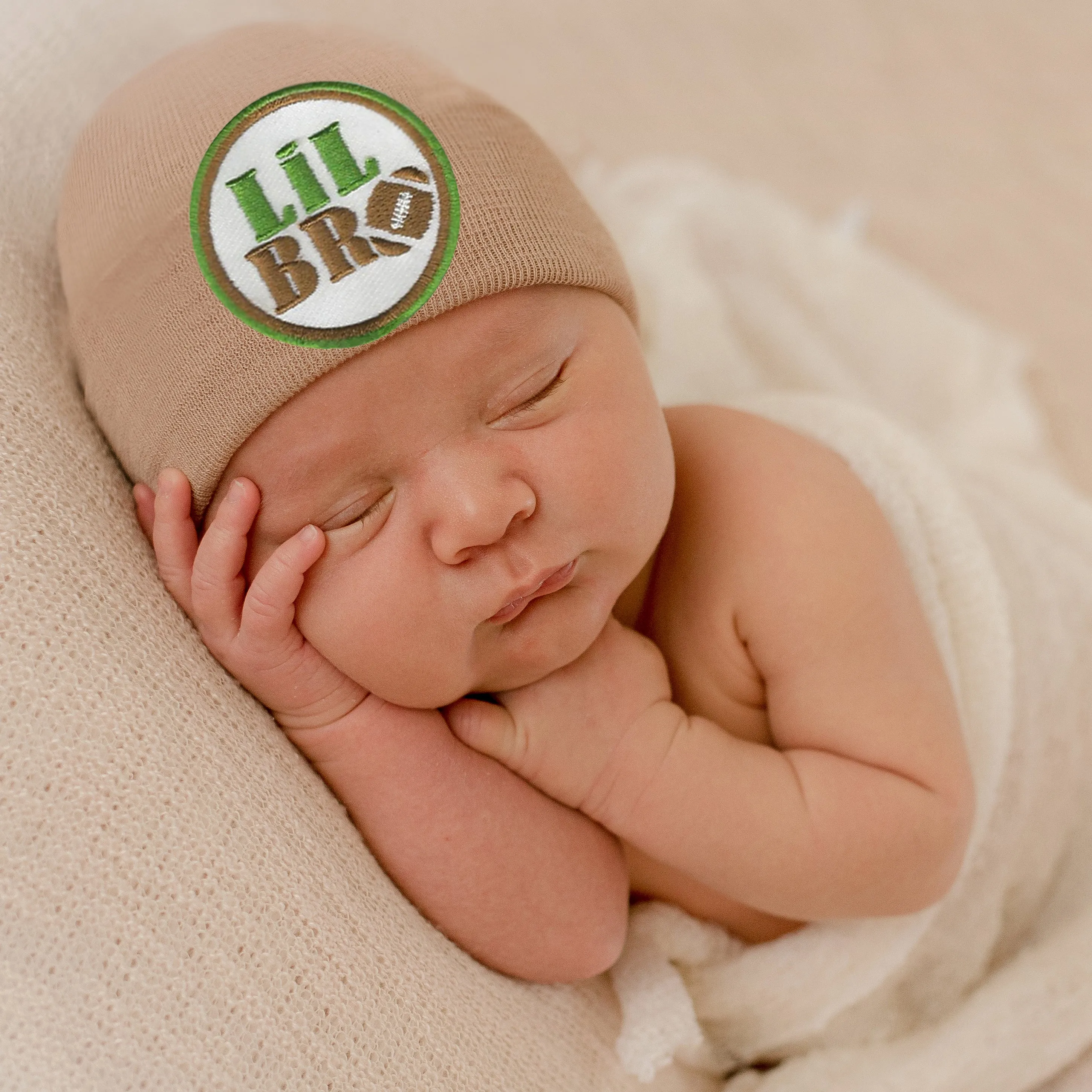 Tan Little Bro Football Newborn Boy Hospital Hat