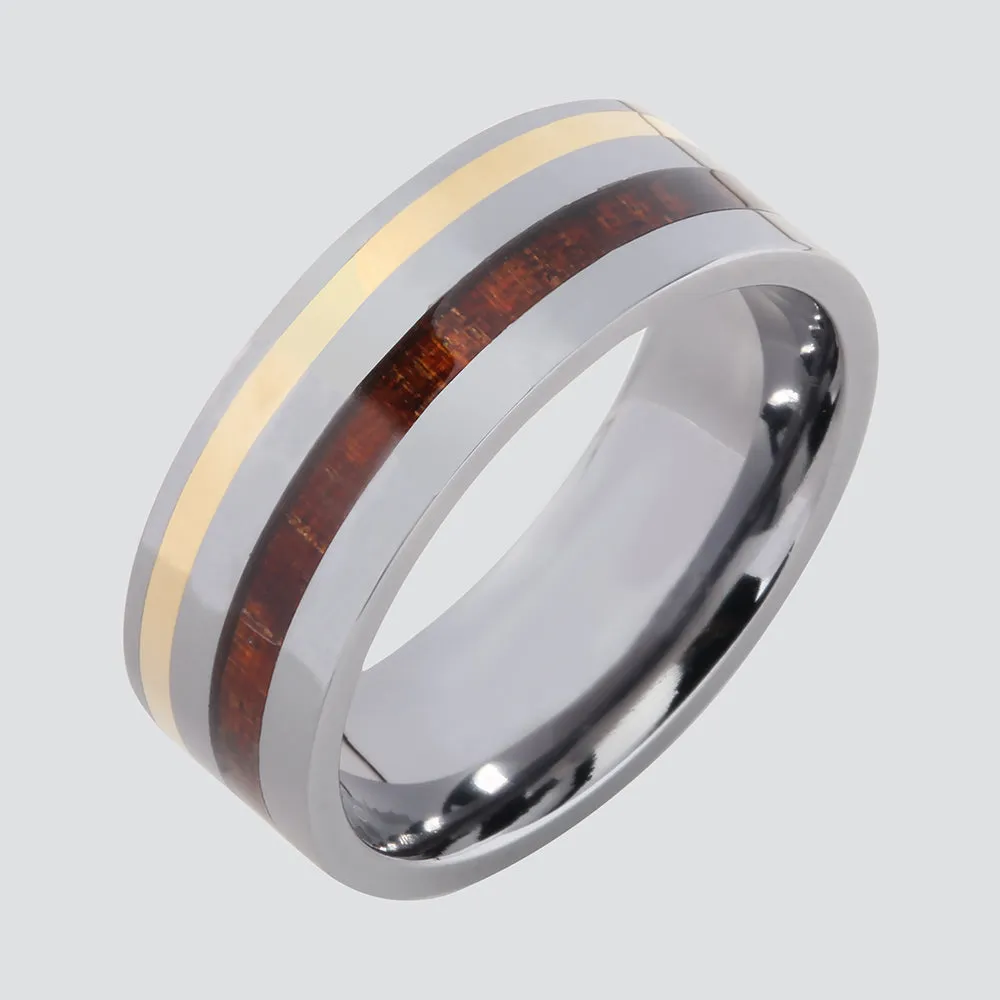 Tantalum with 14K Yellow Gold and Koa Wood Inlaid Wedding Ring Flat 8mm