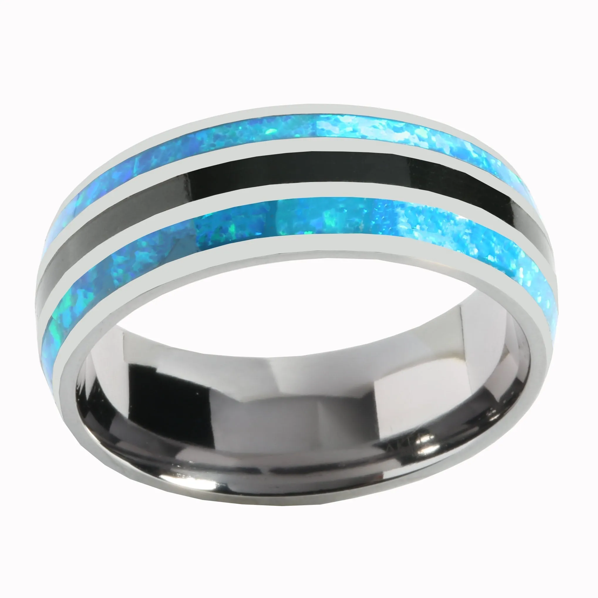 Tantalum with Blue Opal and Onyx Inlaid Wedding Ring Barrel 8mm