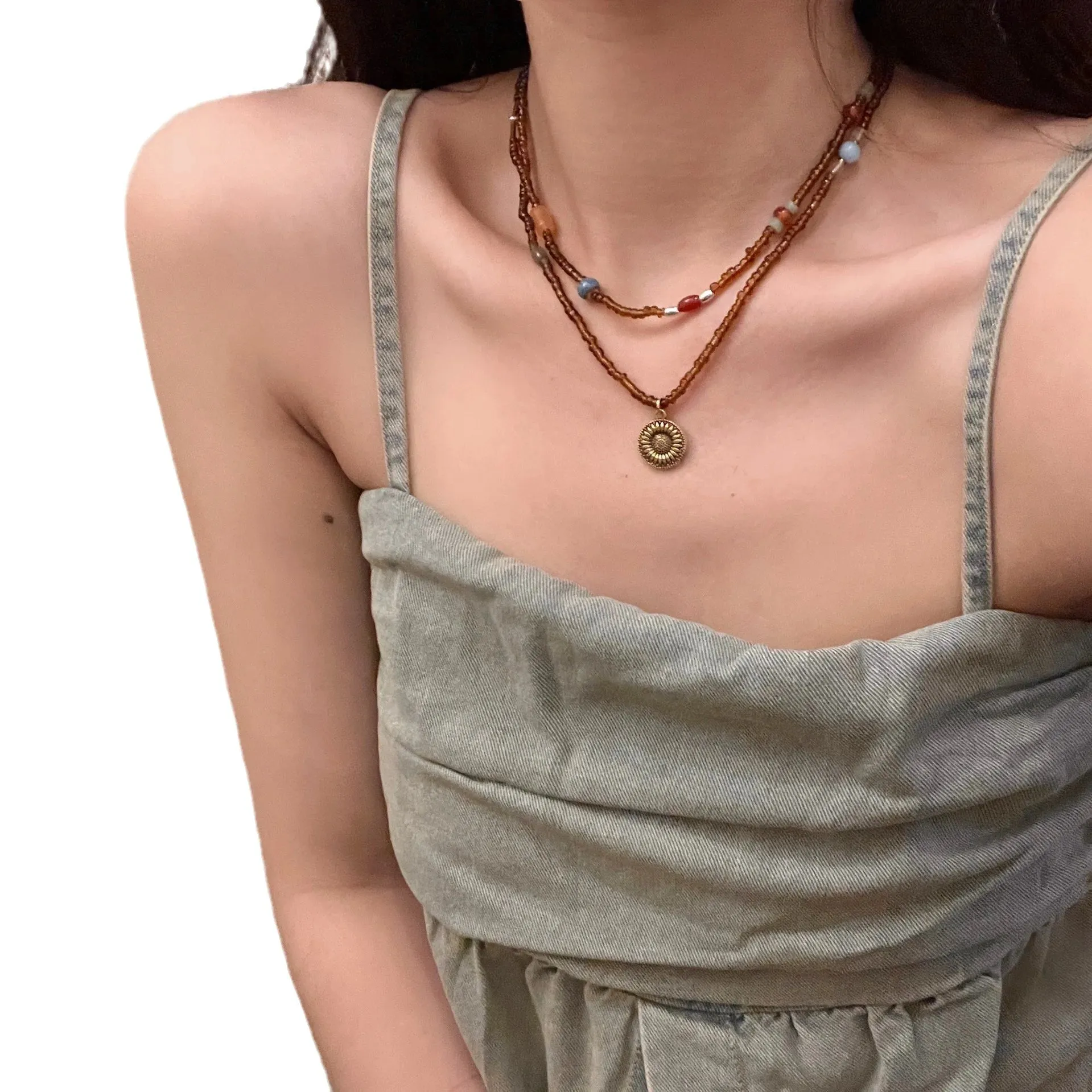 TAVIMART  -  Ethnic Clavicle Chain Retro Metal Flower Brown Beaded Necklace