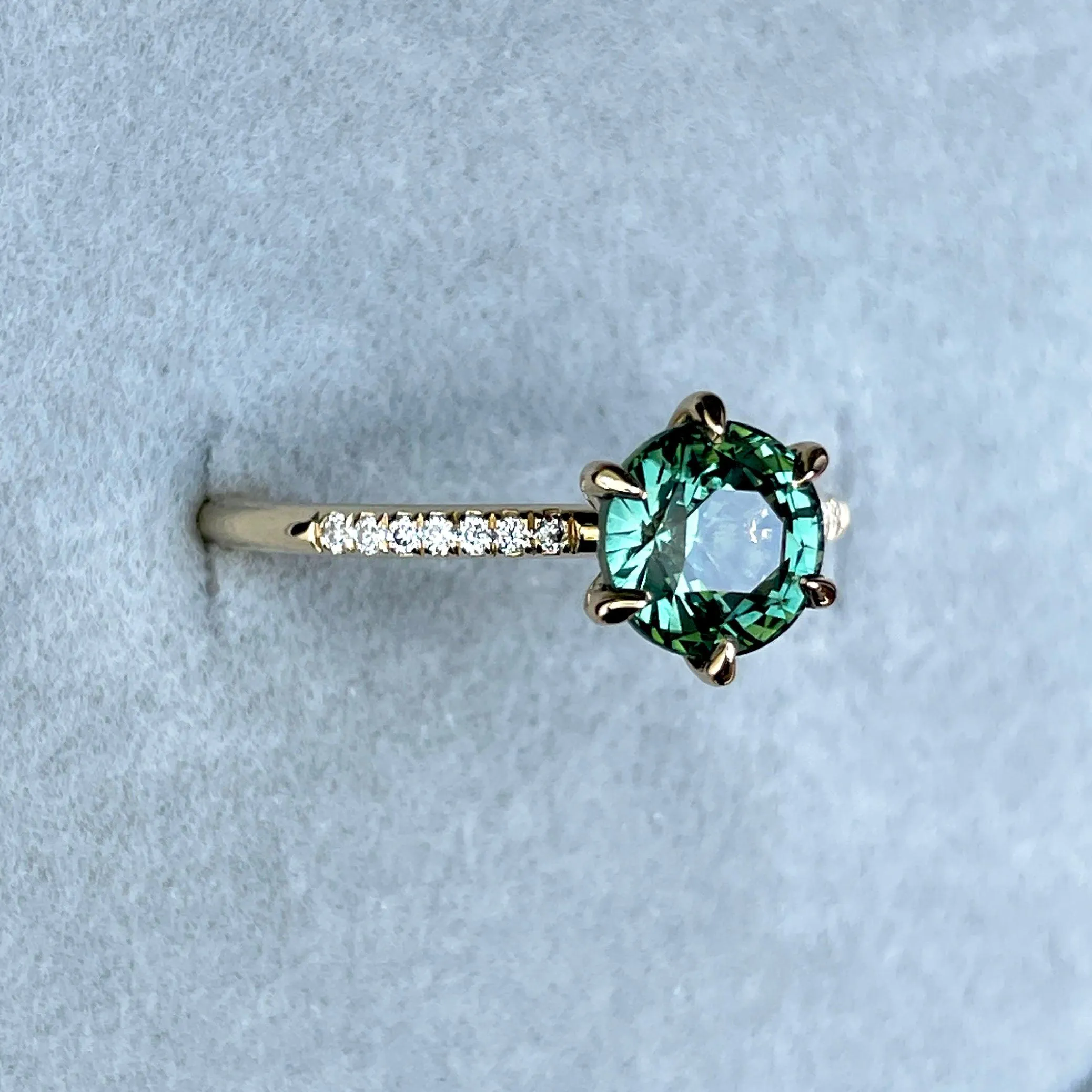 Teal Blue Green Sapphire and Diamond hidden halo Ring