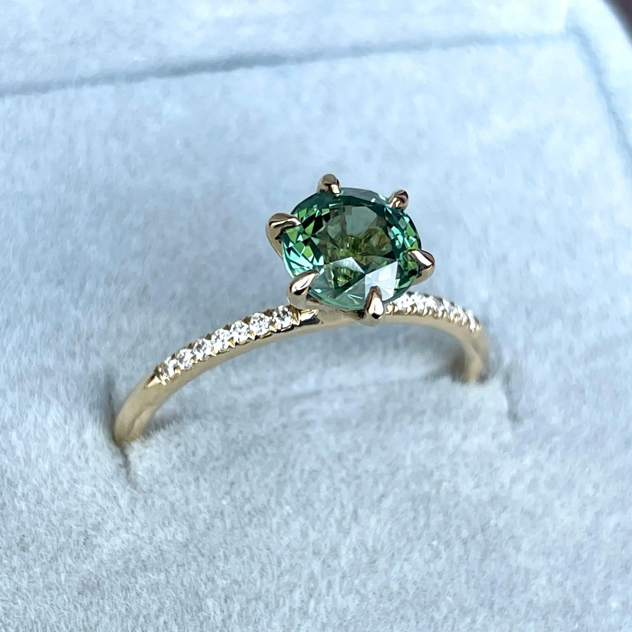 Teal Blue Green Sapphire and Diamond hidden halo Ring