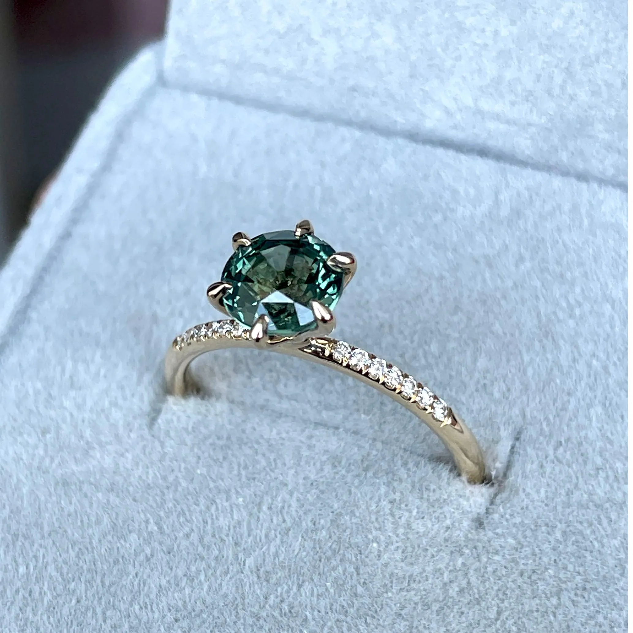 Teal Blue Green Sapphire and Diamond hidden halo Ring