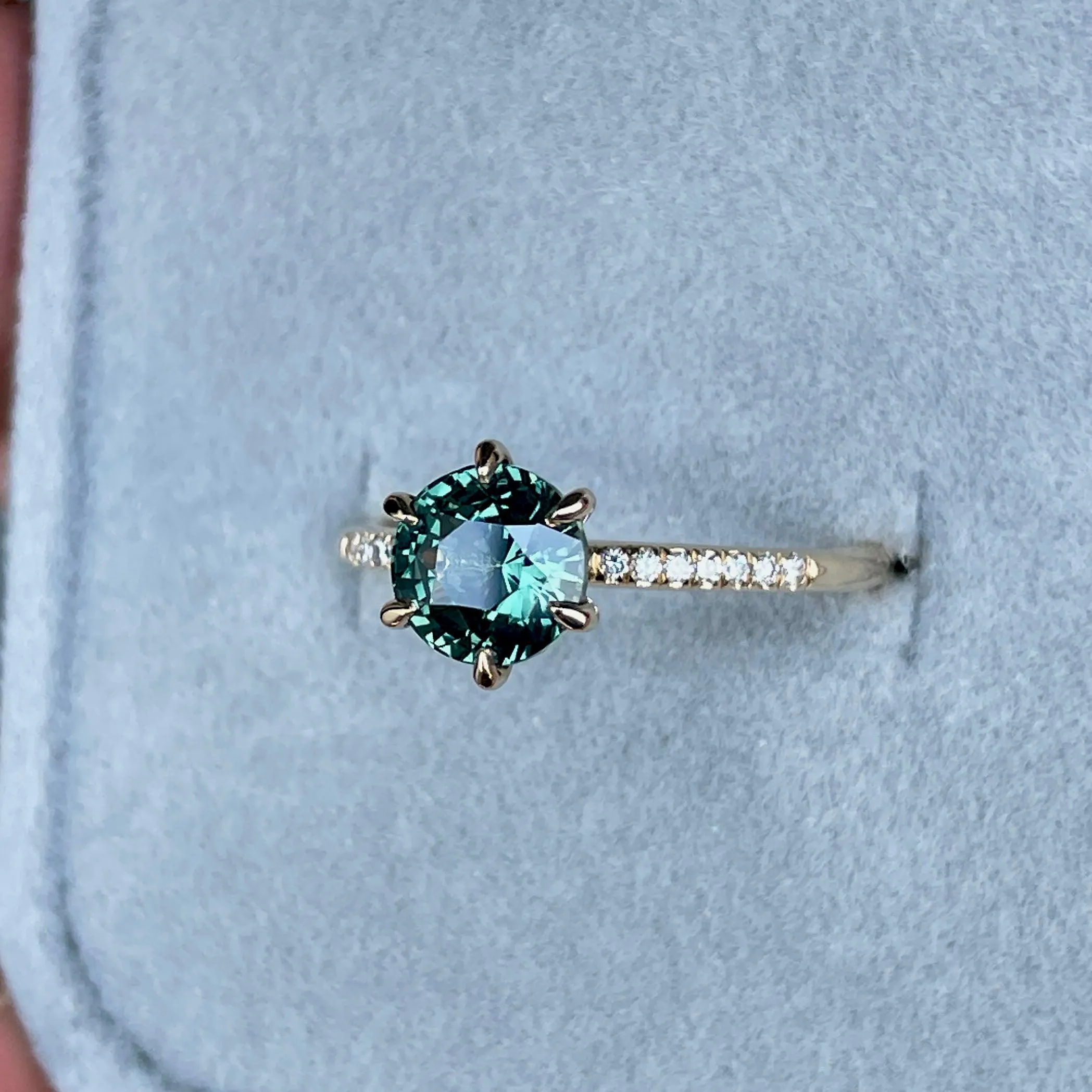 Teal Blue Green Sapphire and Diamond hidden halo Ring