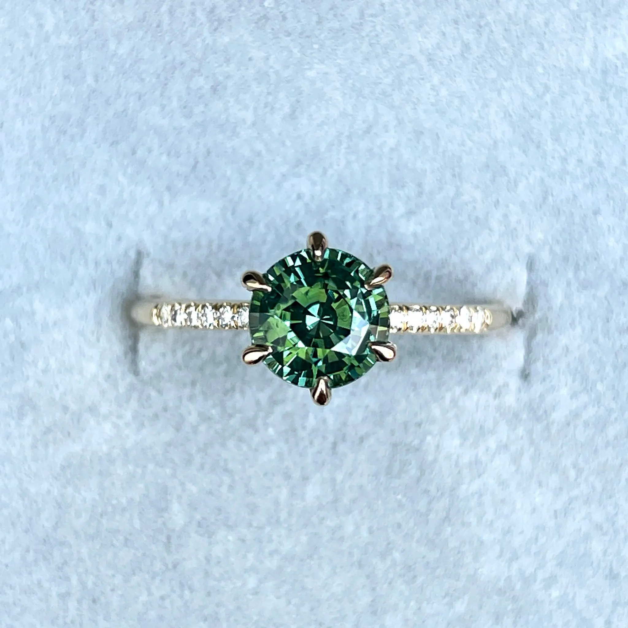 Teal Blue Green Sapphire and Diamond hidden halo Ring