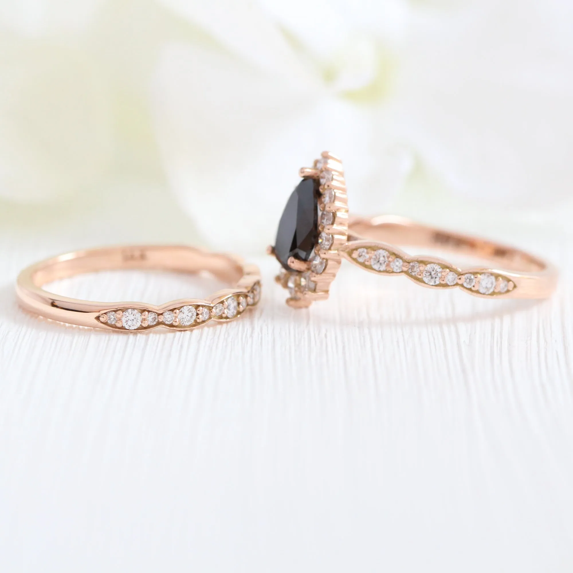 Tiara Halo Pear Black Diamond Ring Set w/ Matching Diamond Scalloped Wedding Band