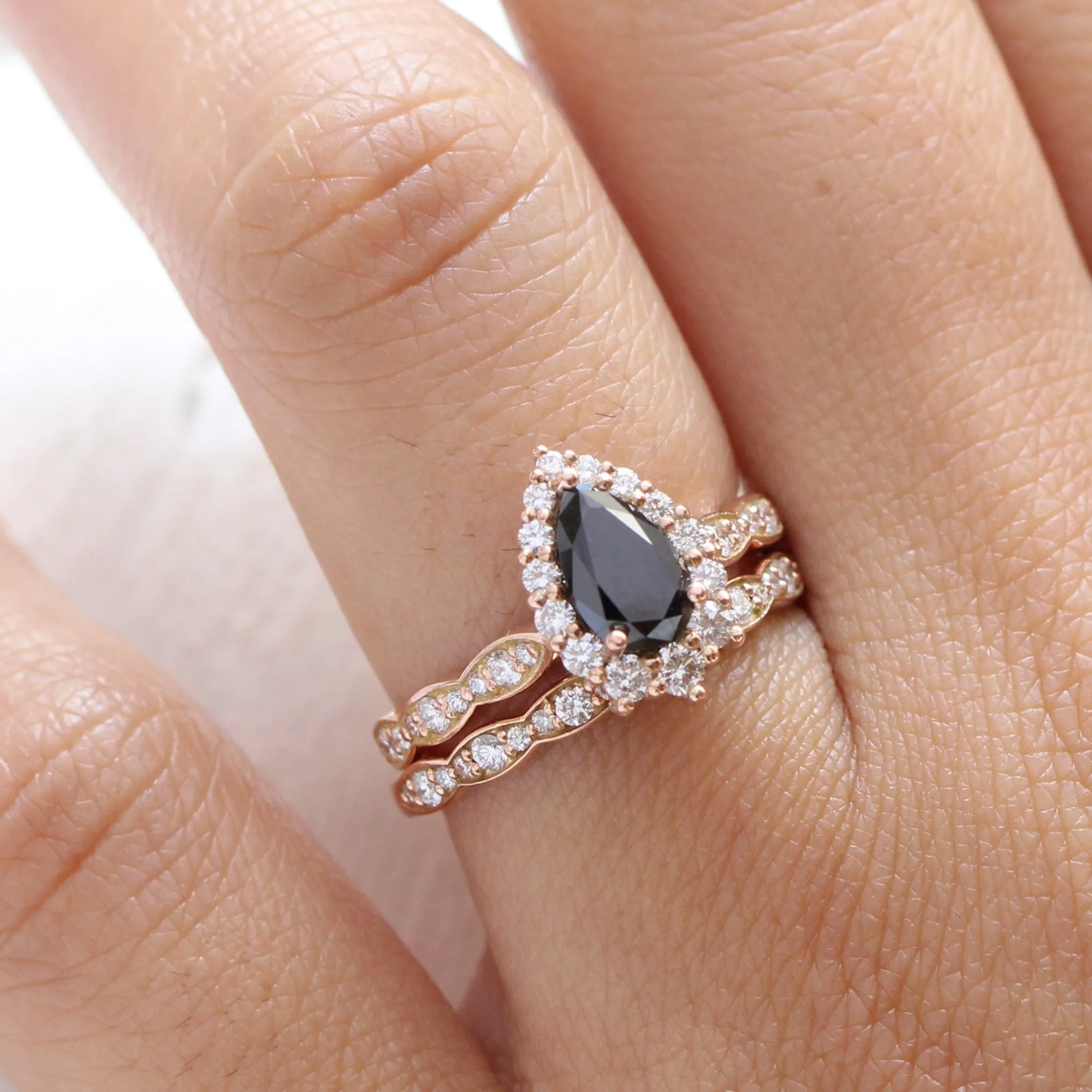 Tiara Halo Pear Black Diamond Ring Set w/ Matching Diamond Scalloped Wedding Band