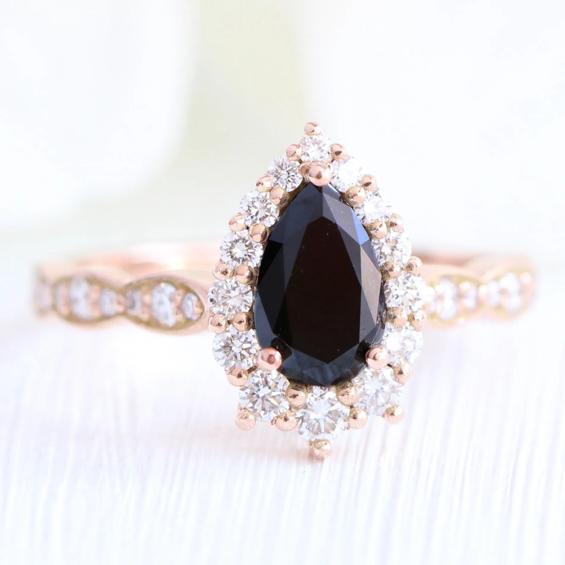 Tiara Halo Pear Black Diamond Ring Set w/ Matching Diamond Scalloped Wedding Band