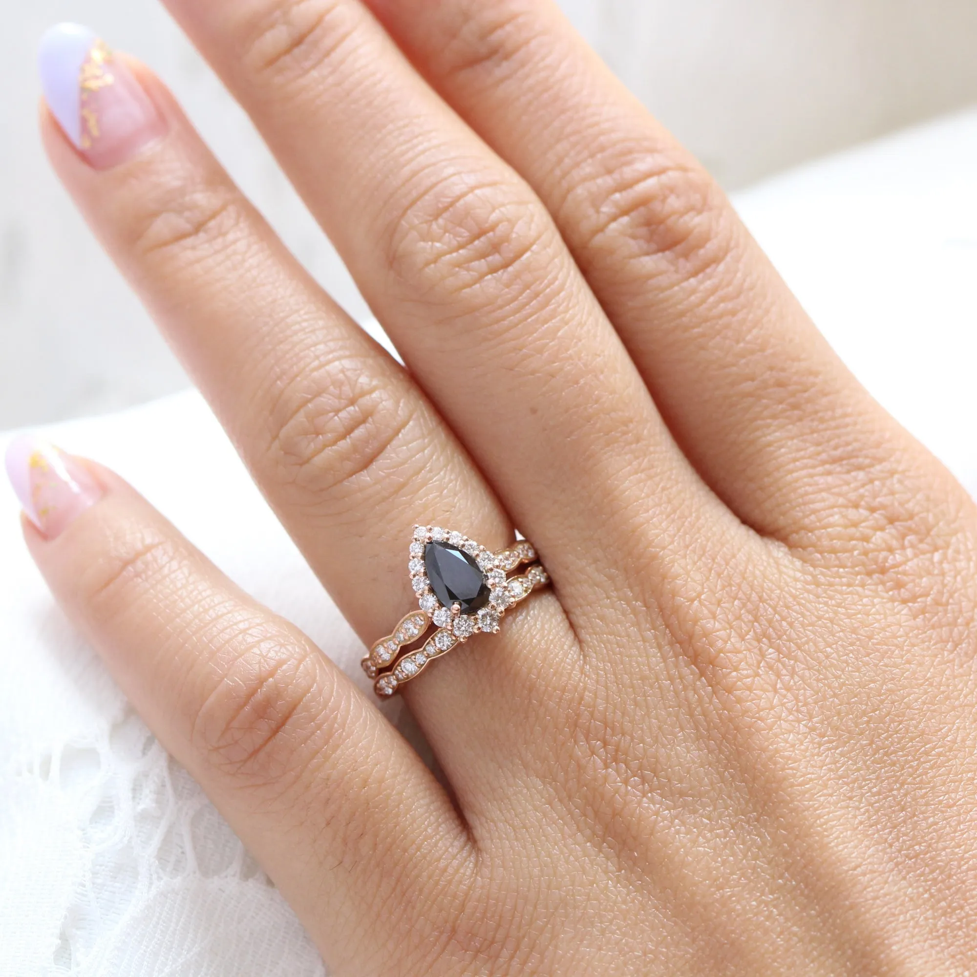 Tiara Halo Pear Black Diamond Ring Set w/ Matching Diamond Scalloped Wedding Band