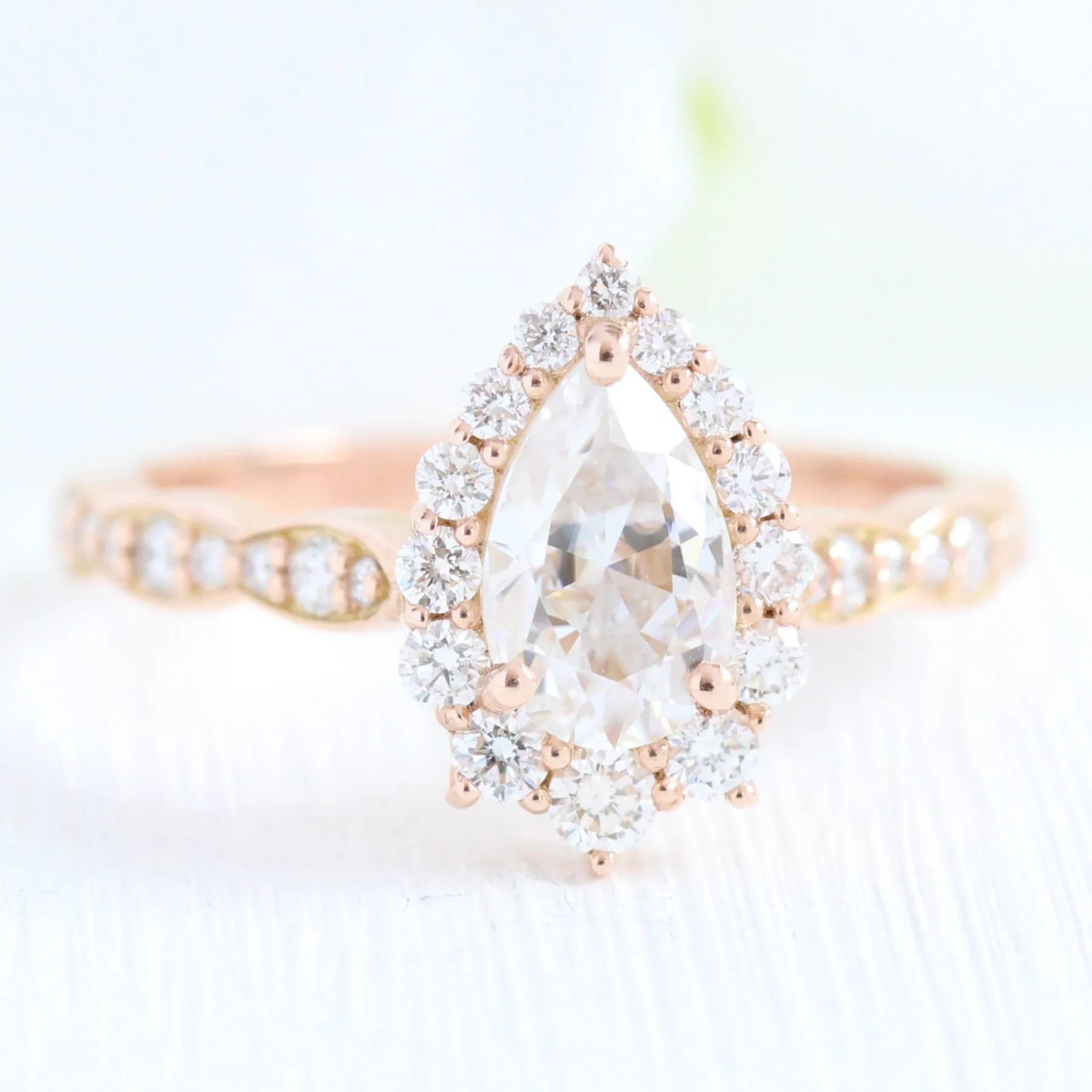 Tiara Halo Scalloped Ring Set w/ Pear Moissanite and Matching Diamond Band