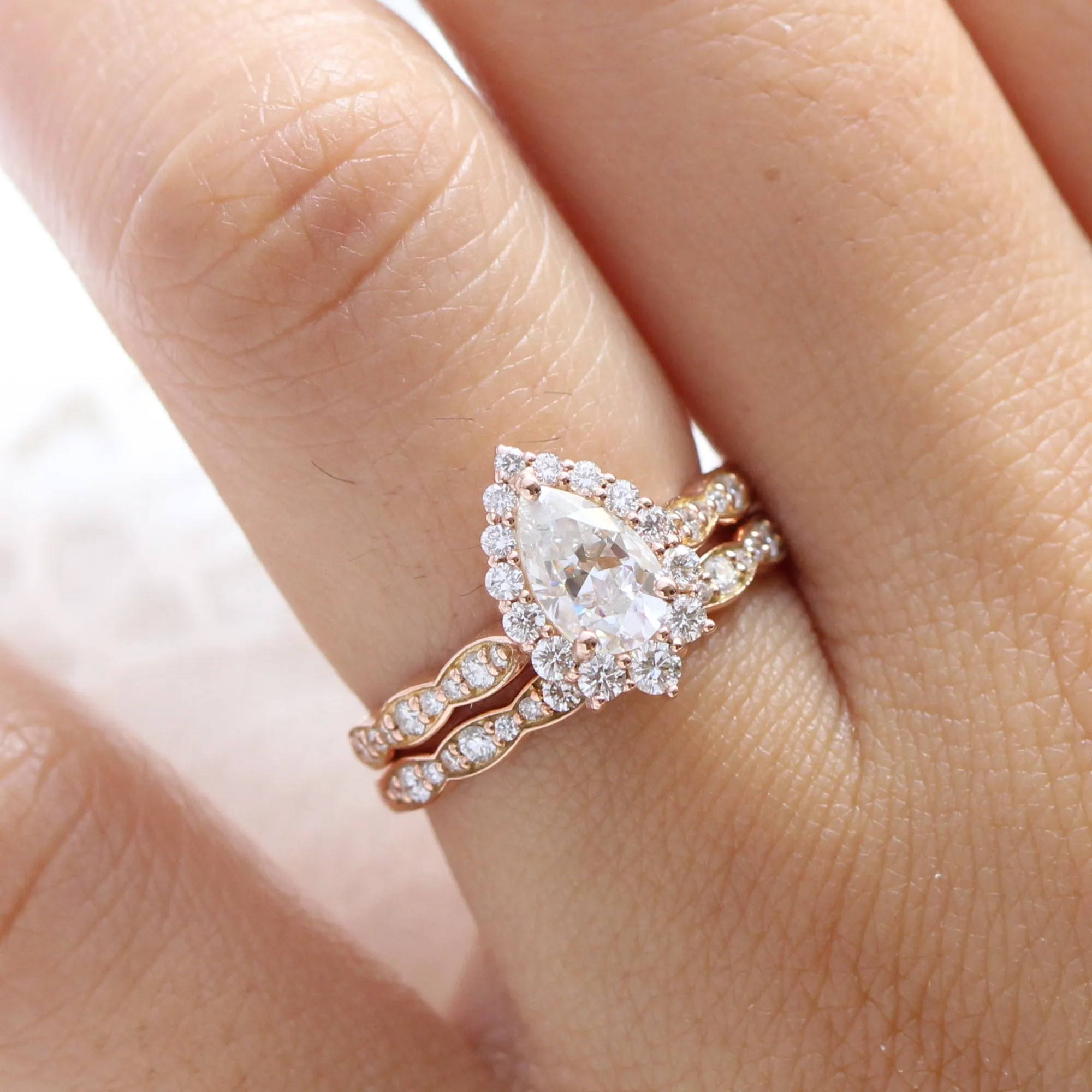 Tiara Halo Scalloped Ring Set w/ Pear Moissanite and Matching Diamond Band