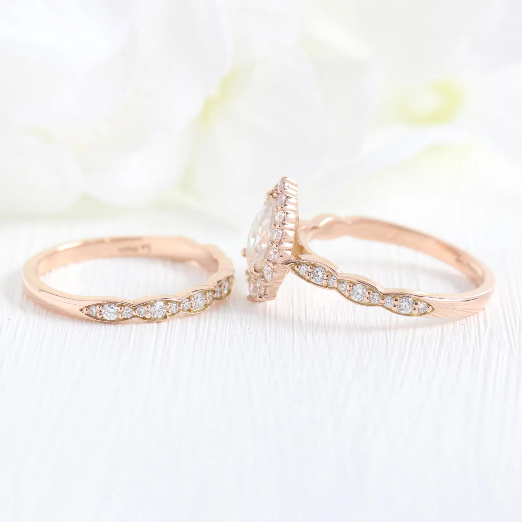 Tiara Halo Scalloped Ring Set w/ Pear Moissanite and Matching Diamond Band