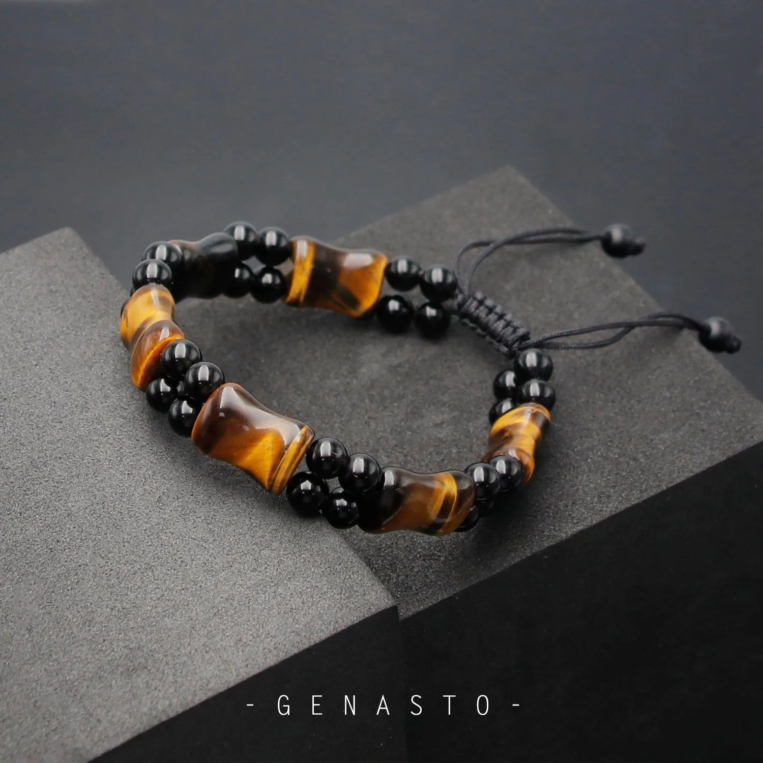 Tiger Eye & Black Obsidian, Square Flat Beads Bracelet