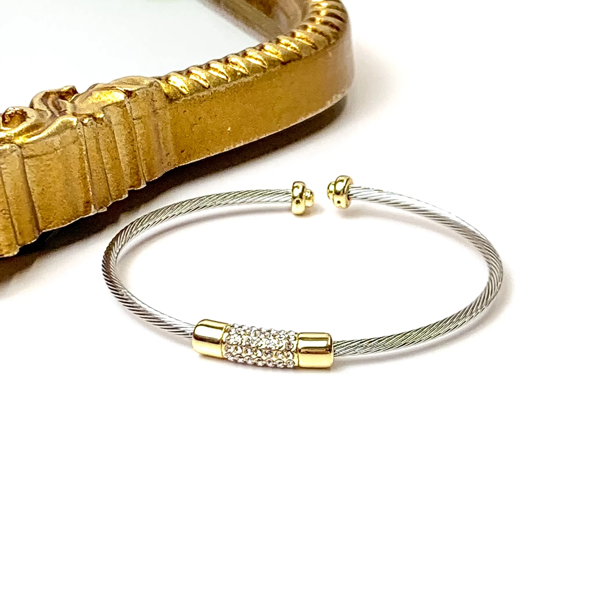 Two Tone Cable Cuff Bracelet with Crystal Pave Bar