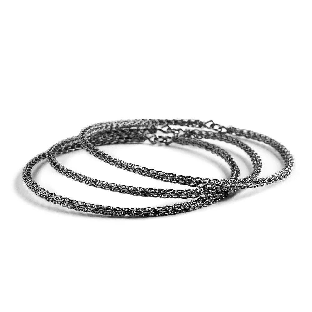 Urban Fashion, Three Oxidized Silver Bangles Bracelet , handmade wire crochet jewelry , silver trio