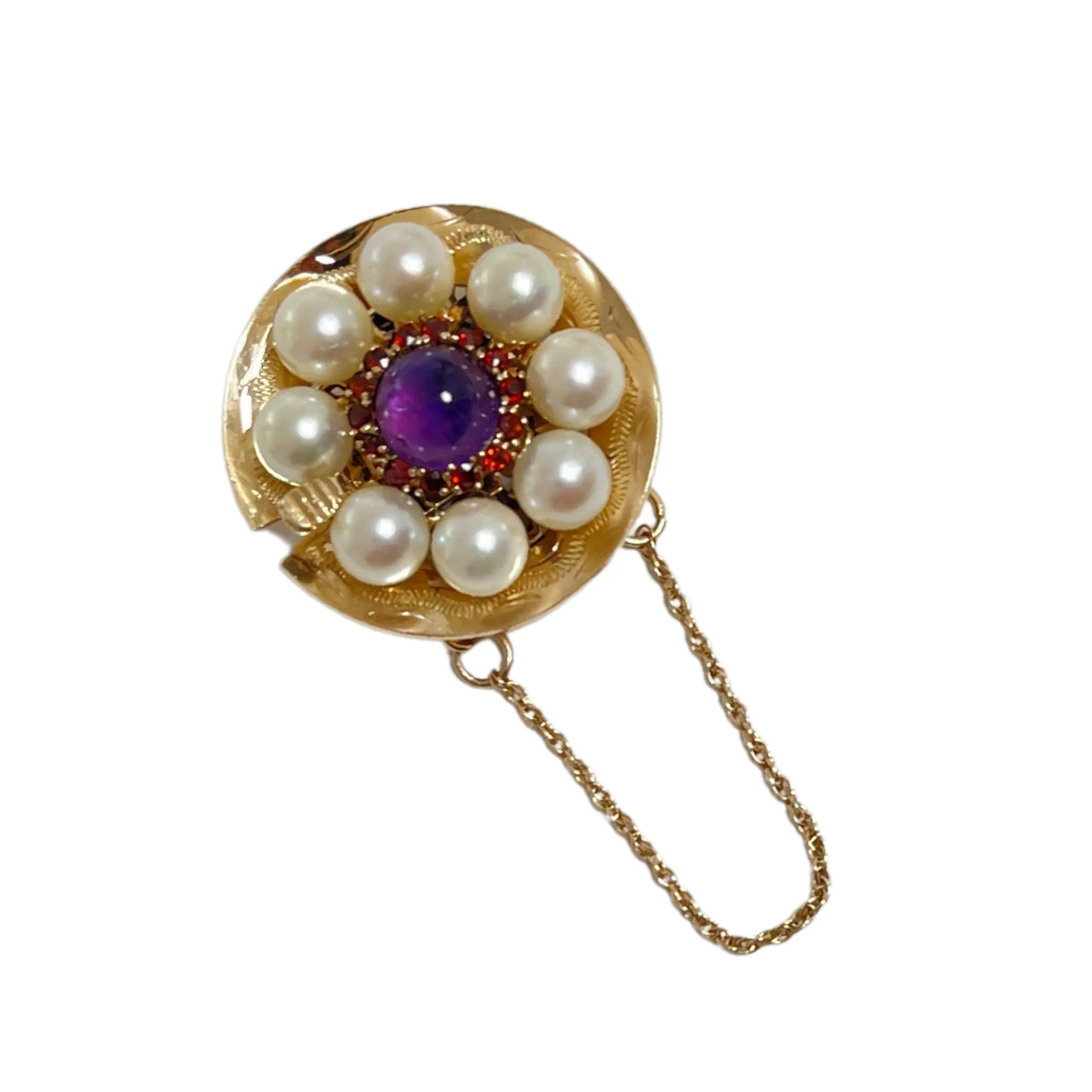 Vintage 1950’s Amethyst, Garnet, and Pearl 14k Gold Push Clasp