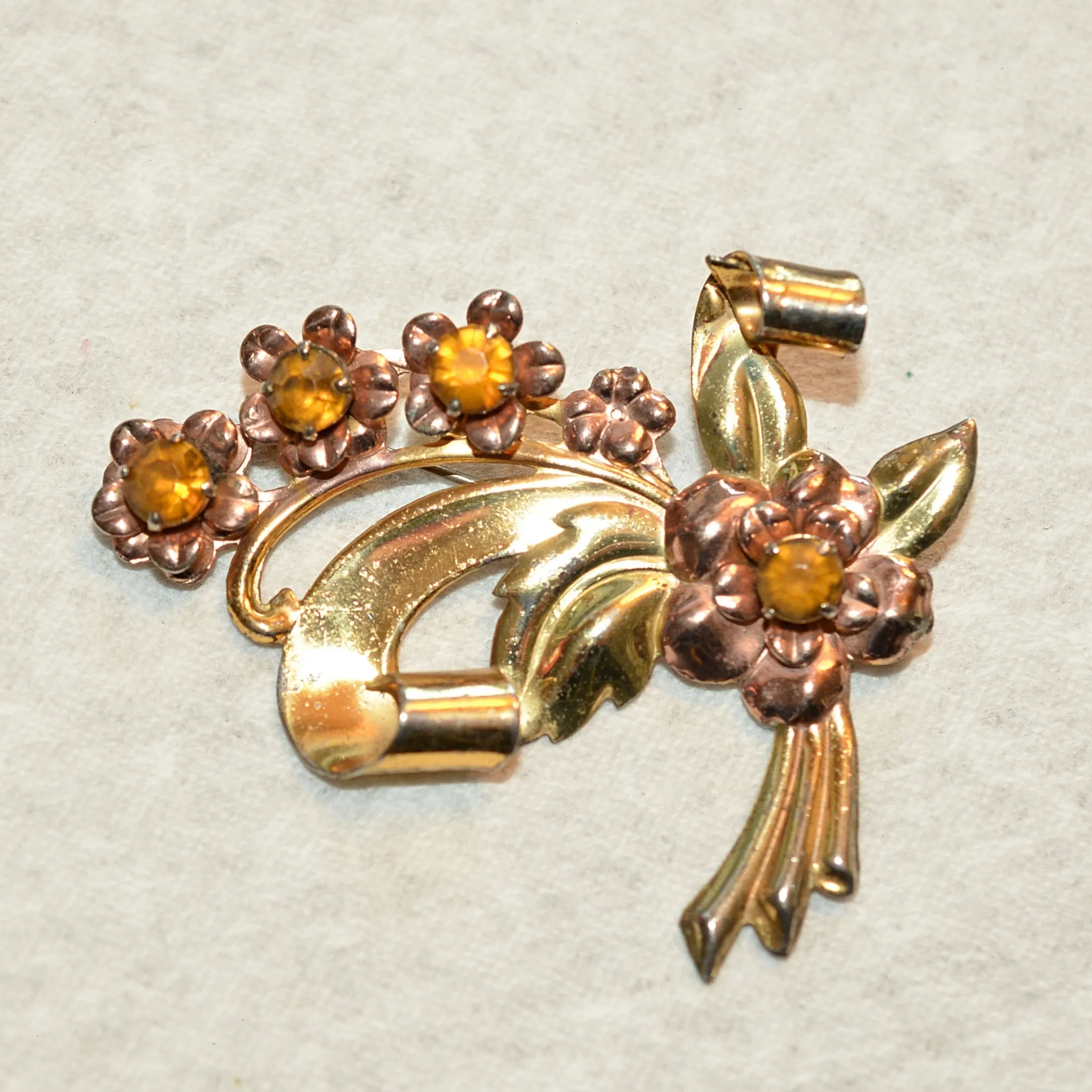 Vintage 40s Gold Vermeil Over Sterling, Floral Spray Brooch with Rhinestones