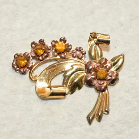 Vintage 40s Gold Vermeil Over Sterling, Floral Spray Brooch with Rhinestones