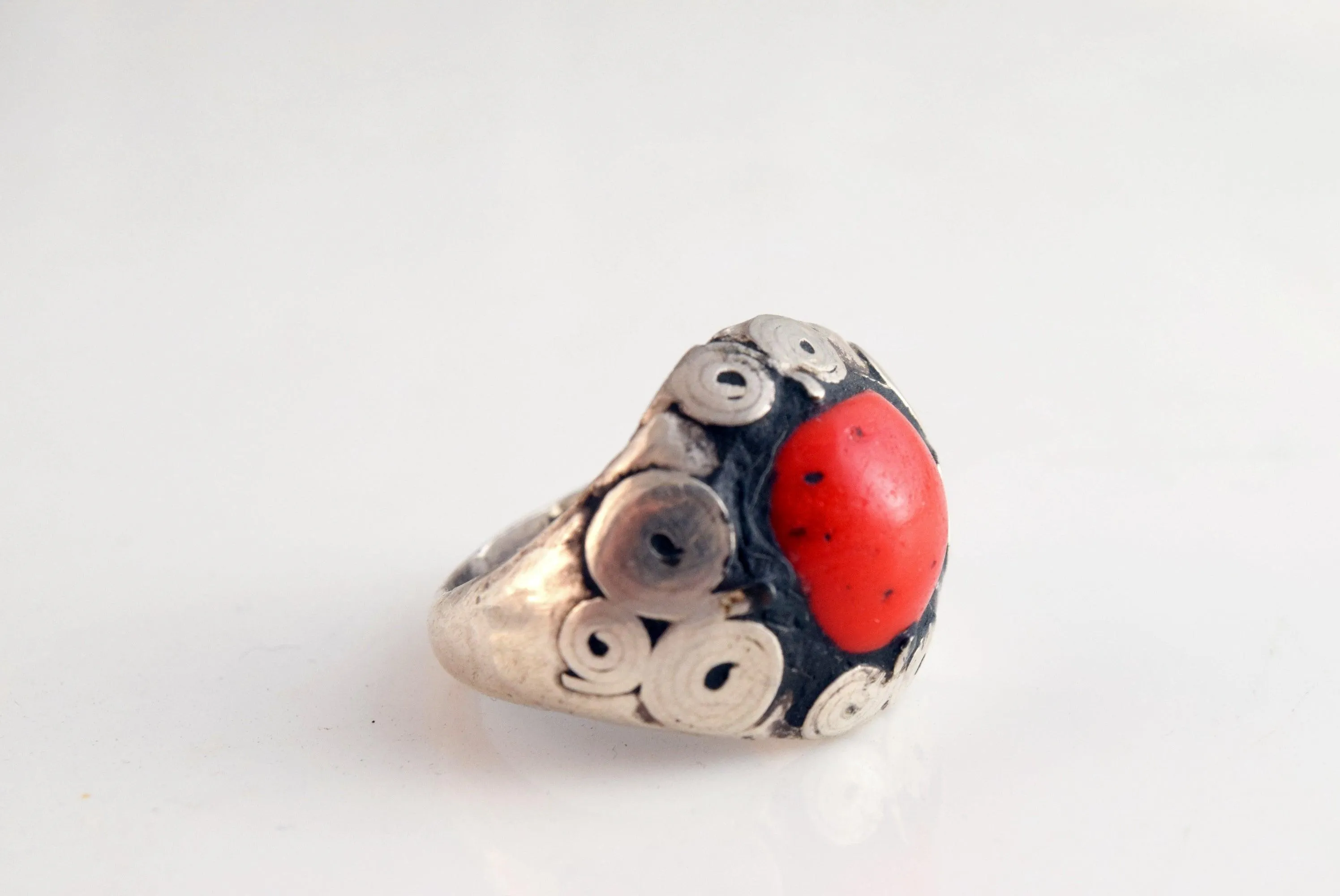 Vintage Afghani Silver Ring with Red Stone