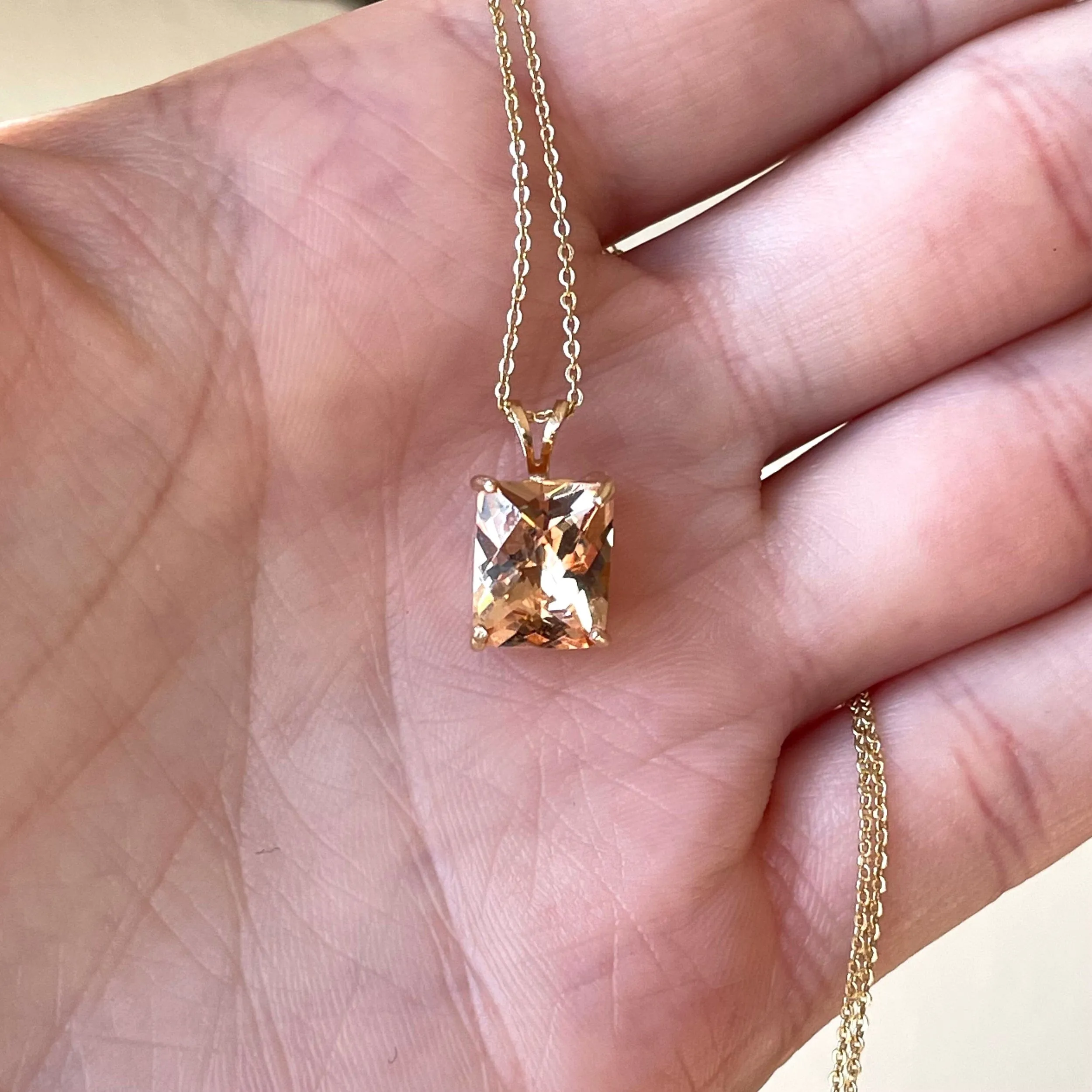 Vintage Checkerboard Cut Citrine 14K Gold Pendant Necklace