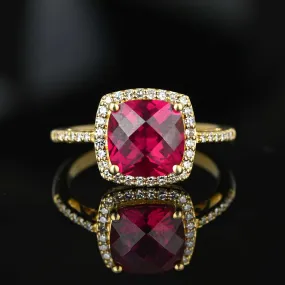 Vintage Diamond Halo Checkerboard Ruby Ring