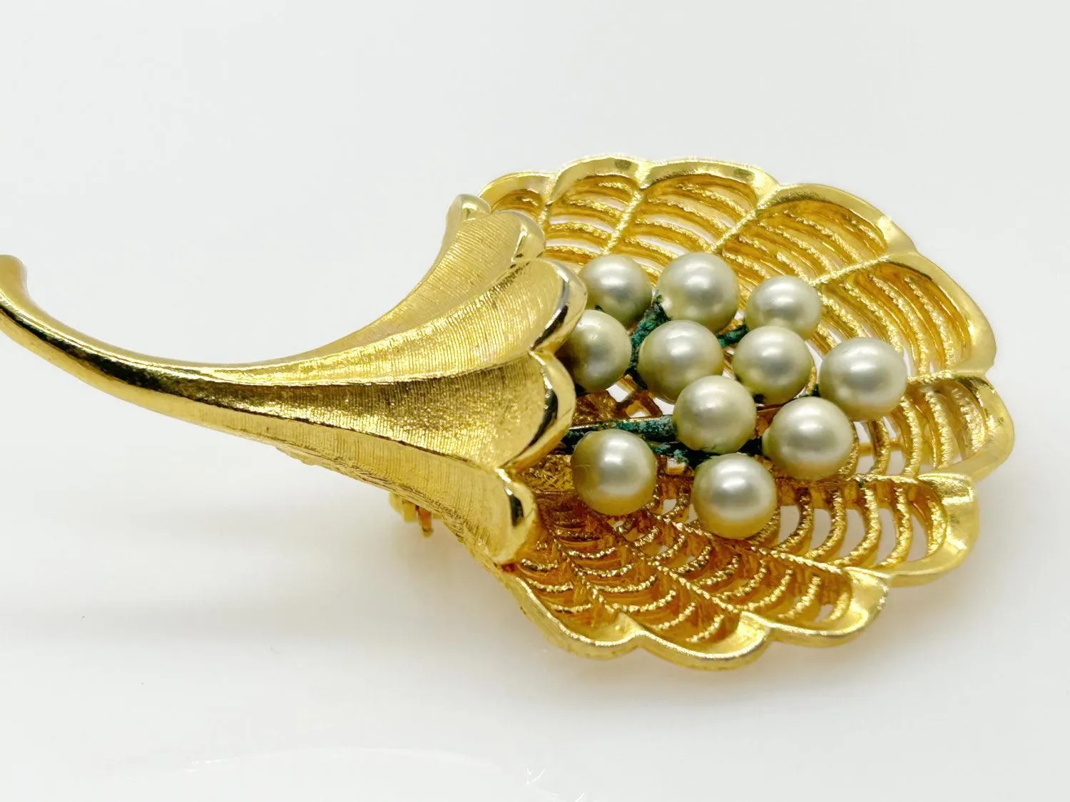 Vintage Faux Pearl Bouquet Brooch with Intricate Metalwork