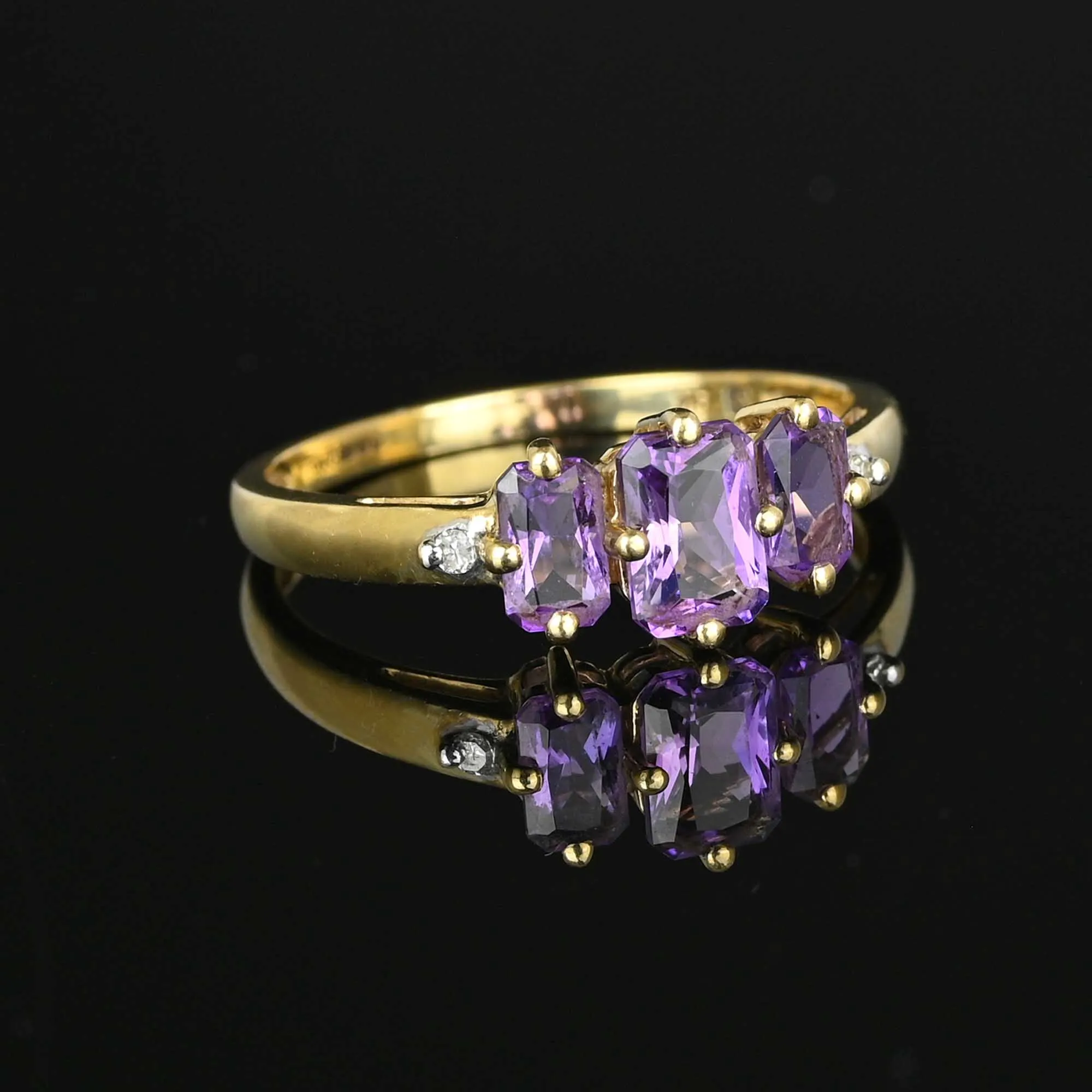 Vintage Gold Diamond Three Stone Amethyst Ring