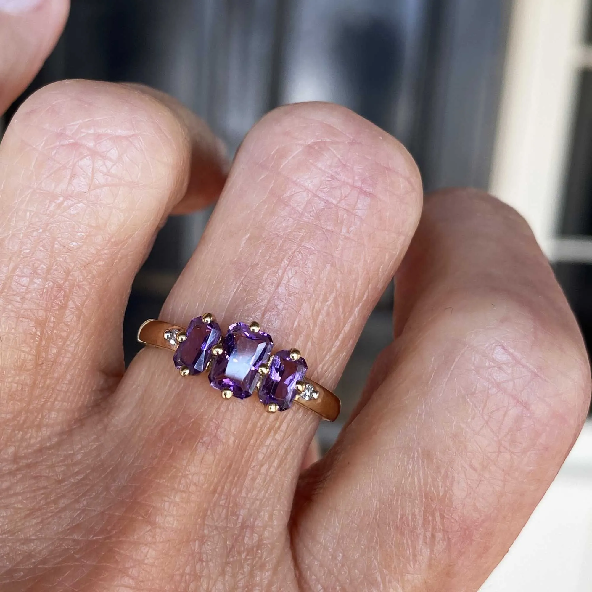 Vintage Gold Diamond Three Stone Amethyst Ring